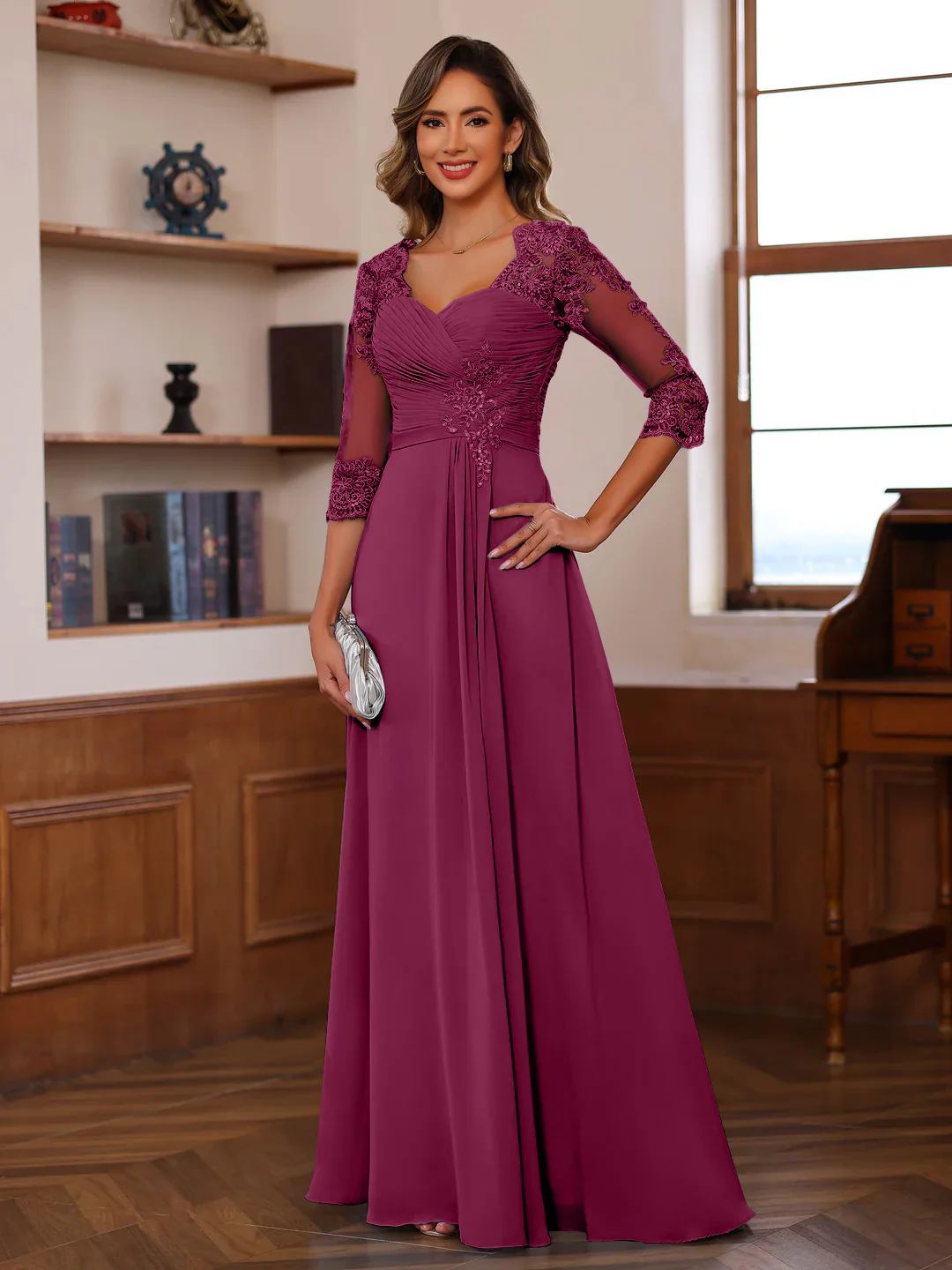 A-Line/Princess Sweetheart Neck 3/4 Length Sleeves Floor-Length Mother Of The Bride Dresses With Lace, Ruffles & Appliques - Image 36