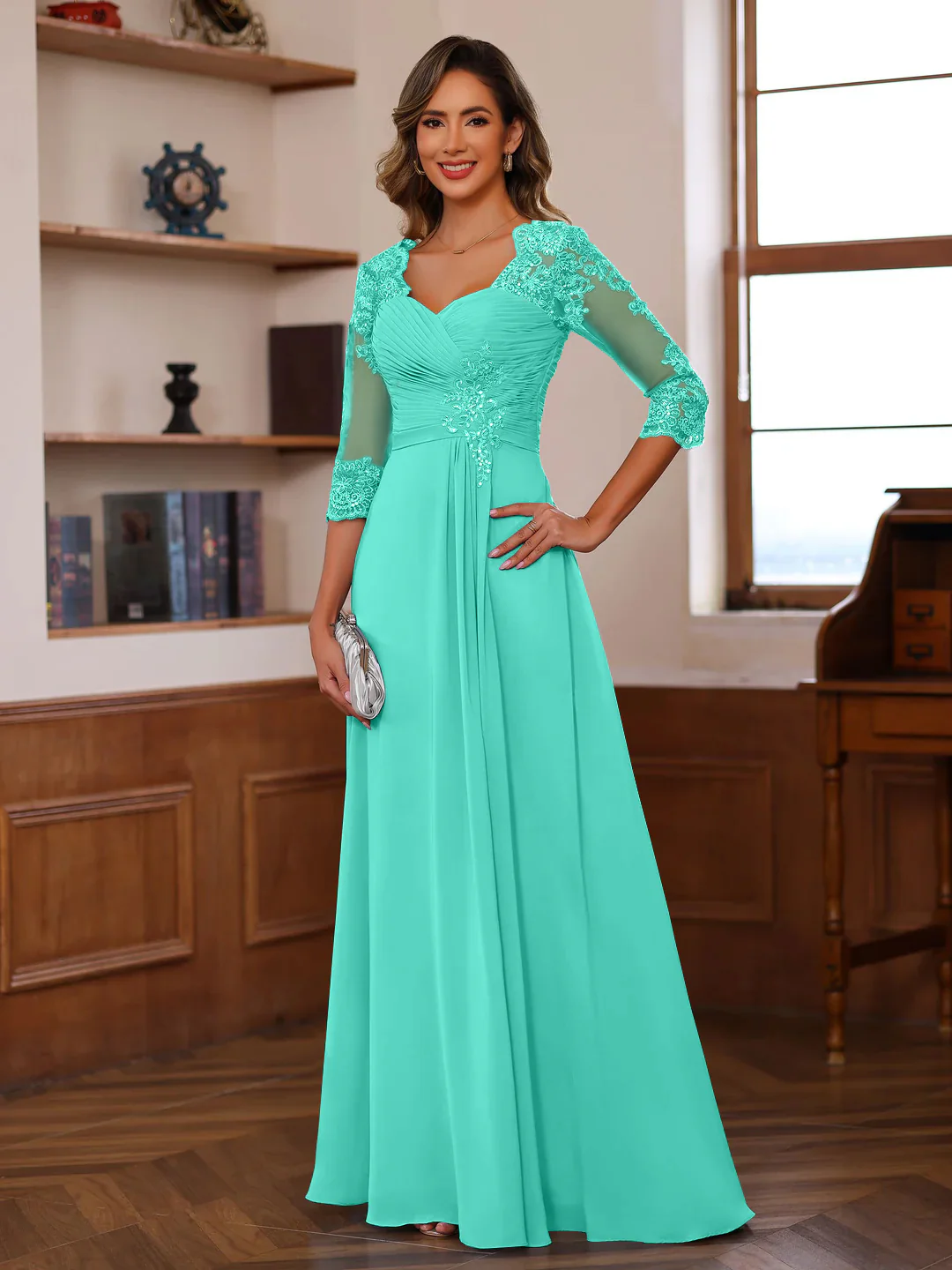 A-Line/Princess Sweetheart Neck 3/4 Length Sleeves Floor-Length Mother Of The Bride Dresses With Lace, Ruffles & Appliques - Image 53