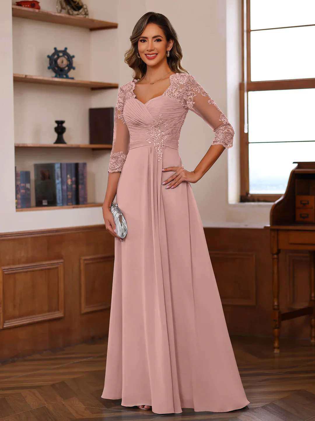 A-Line/Princess Sweetheart Neck 3/4 Length Sleeves Floor-Length Mother Of The Bride Dresses With Lace, Ruffles & Appliques - Image 8