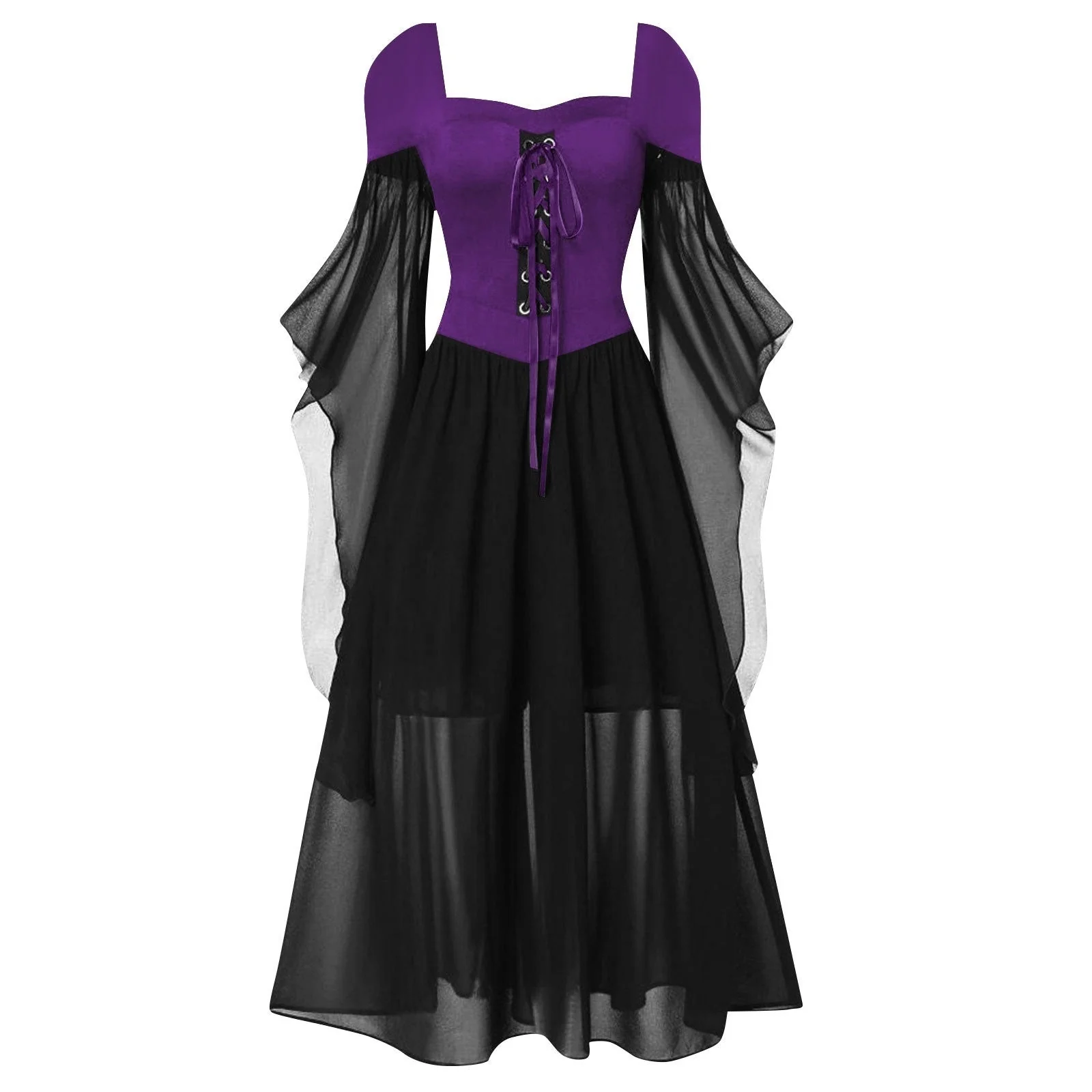A-Line/Princess Sweetheart Neck Long Sleeves Floor-Length Retro Vintage Punk & Gothic Medieval Dress - Image 17