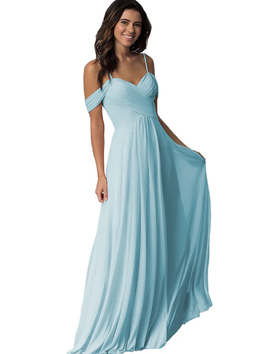 A Line/Princess Sweetheart Off Shoulder Sleeveless Floor Length Bridesmaid Dresses with Pockets Chiffon - Image 15