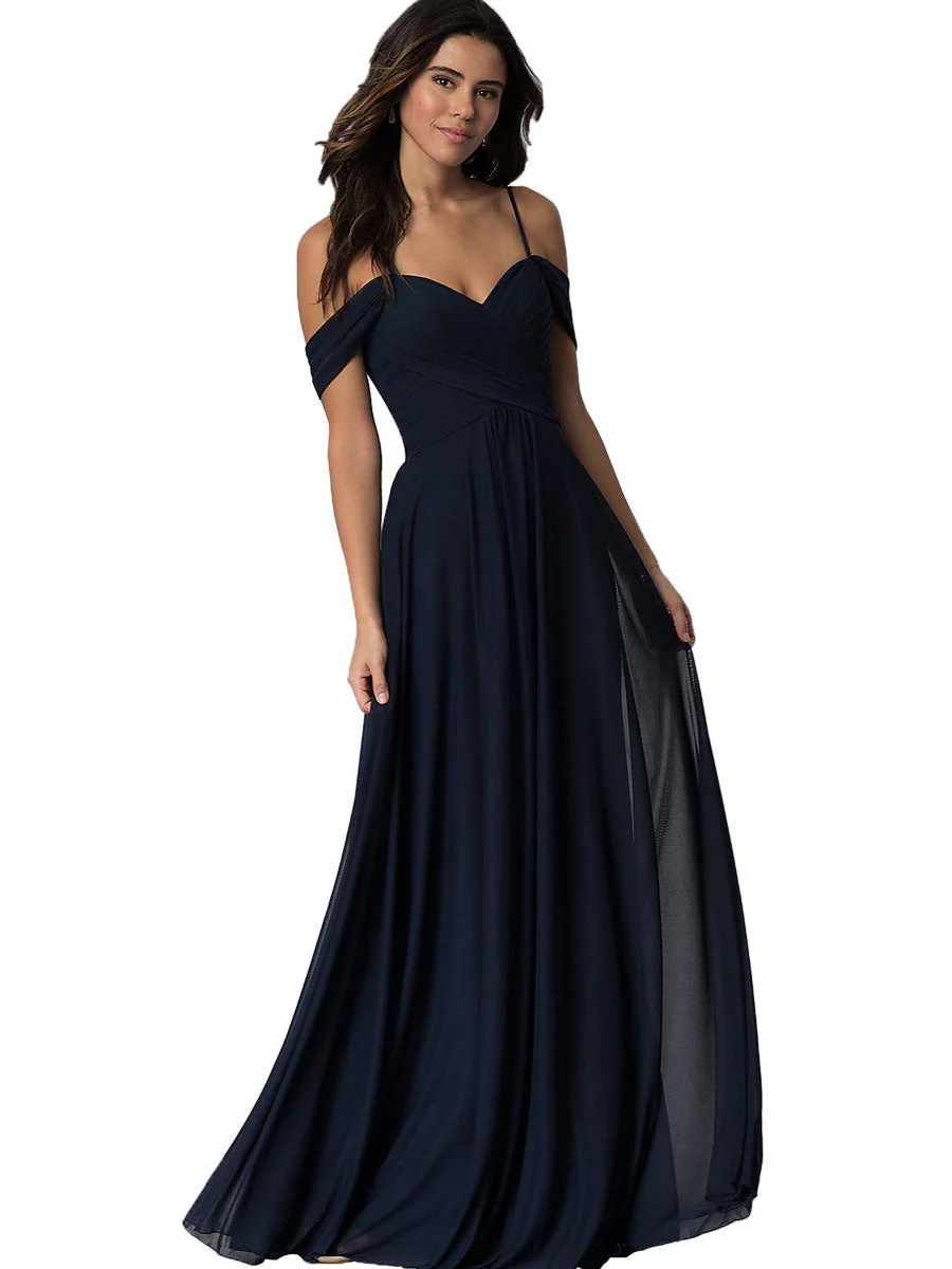 A Line/Princess Sweetheart Off Shoulder Sleeveless Floor Length Bridesmaid Dresses with Pockets Chiffon - Image 18