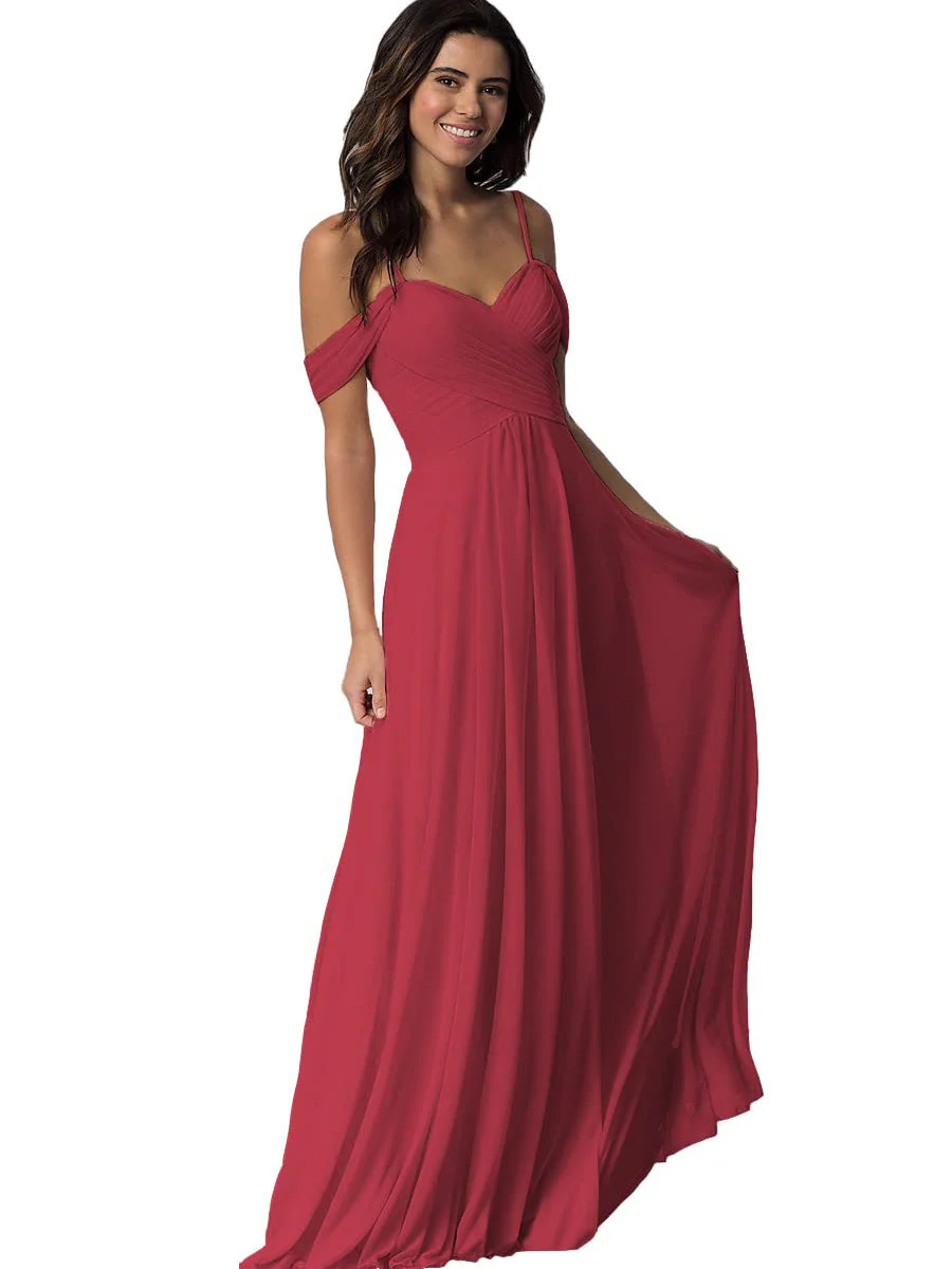 A Line/Princess Sweetheart Off Shoulder Sleeveless Floor Length Bridesmaid Dresses with Pockets Chiffon - Image 28