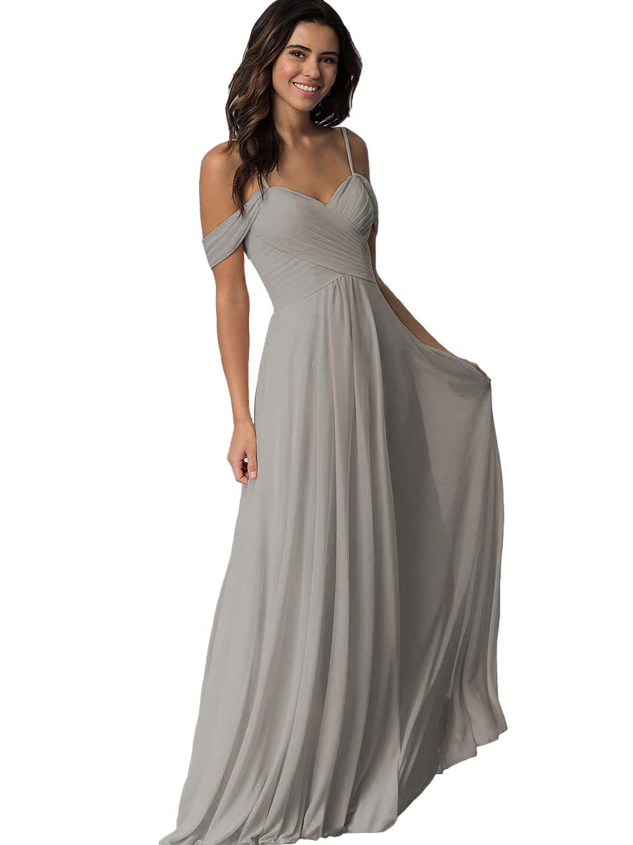 A Line/Princess Sweetheart Off Shoulder Sleeveless Floor Length Bridesmaid Dresses with Pockets Chiffon - Image 35