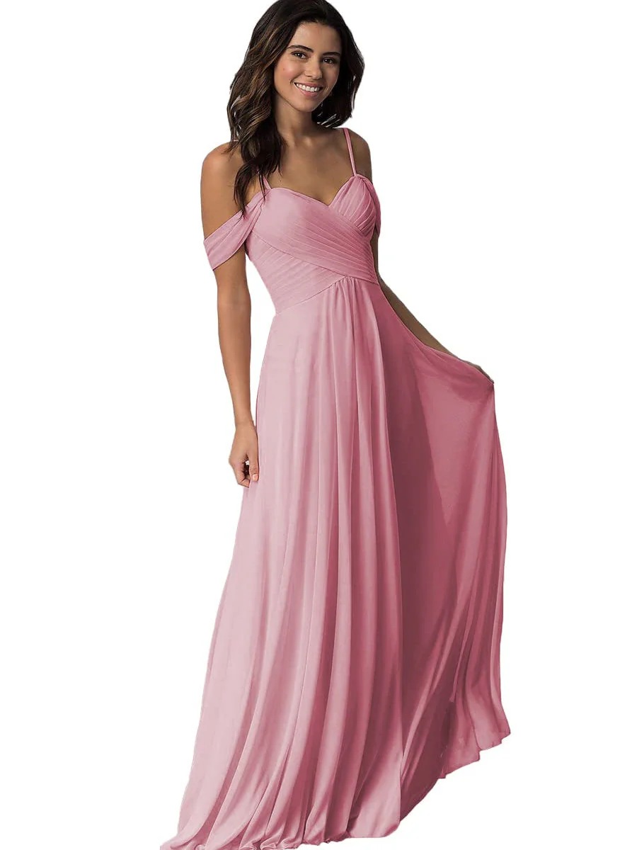 A Line/Princess Sweetheart Off Shoulder Sleeveless Floor Length Bridesmaid Dresses with Pockets Chiffon - Image 37
