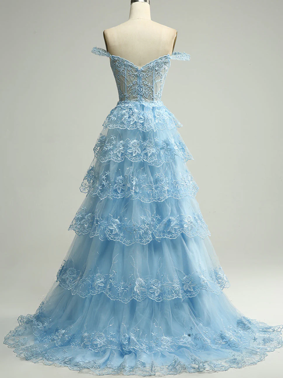 A-Line/Princess Sweetheart Off-the-Shoulder Floor-Length Evening Dress with Tiered Lace - Image 10