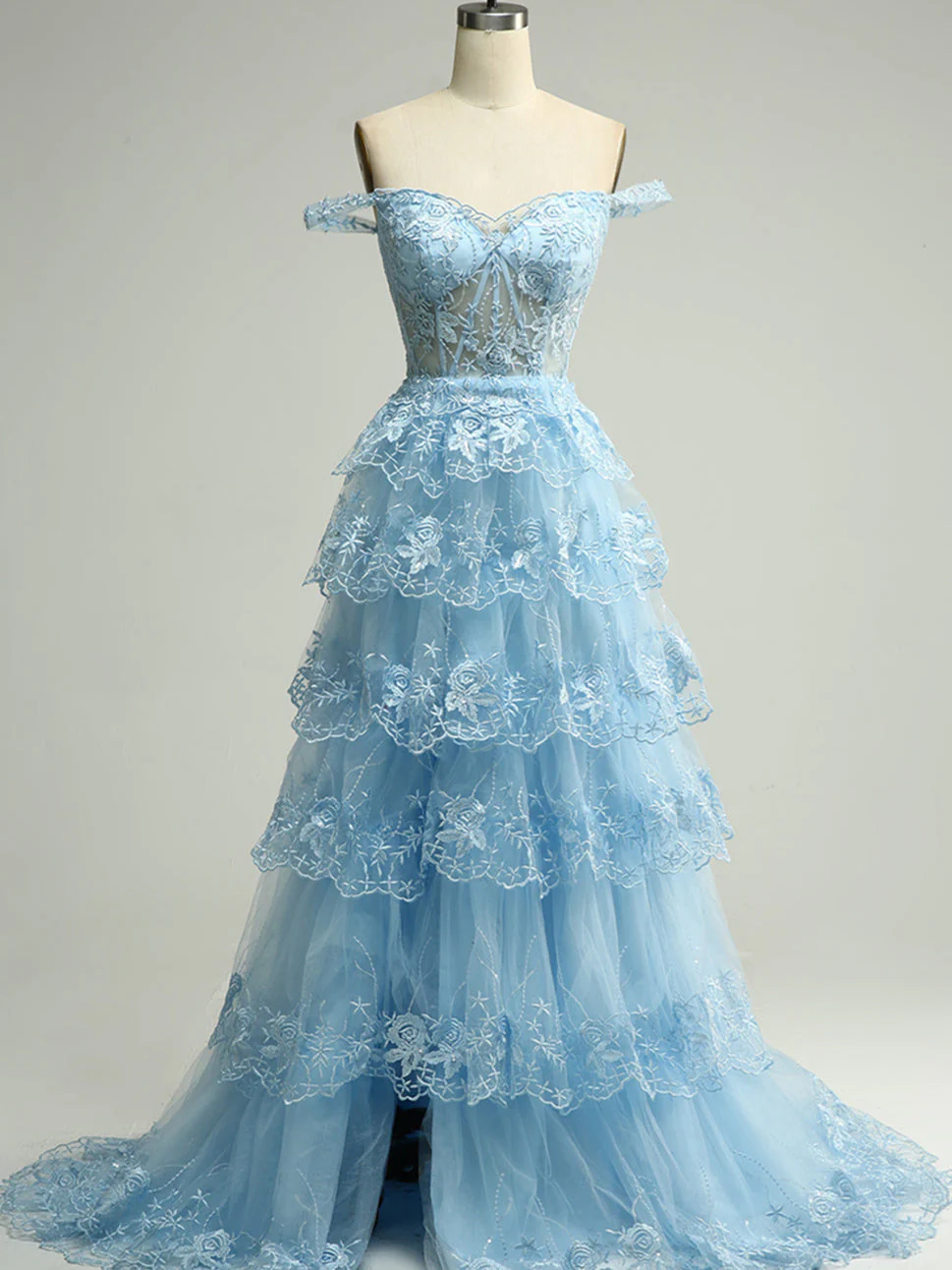 A-Line/Princess Sweetheart Off-the-Shoulder Floor-Length Evening Dress with Tiered Lace - Image 11