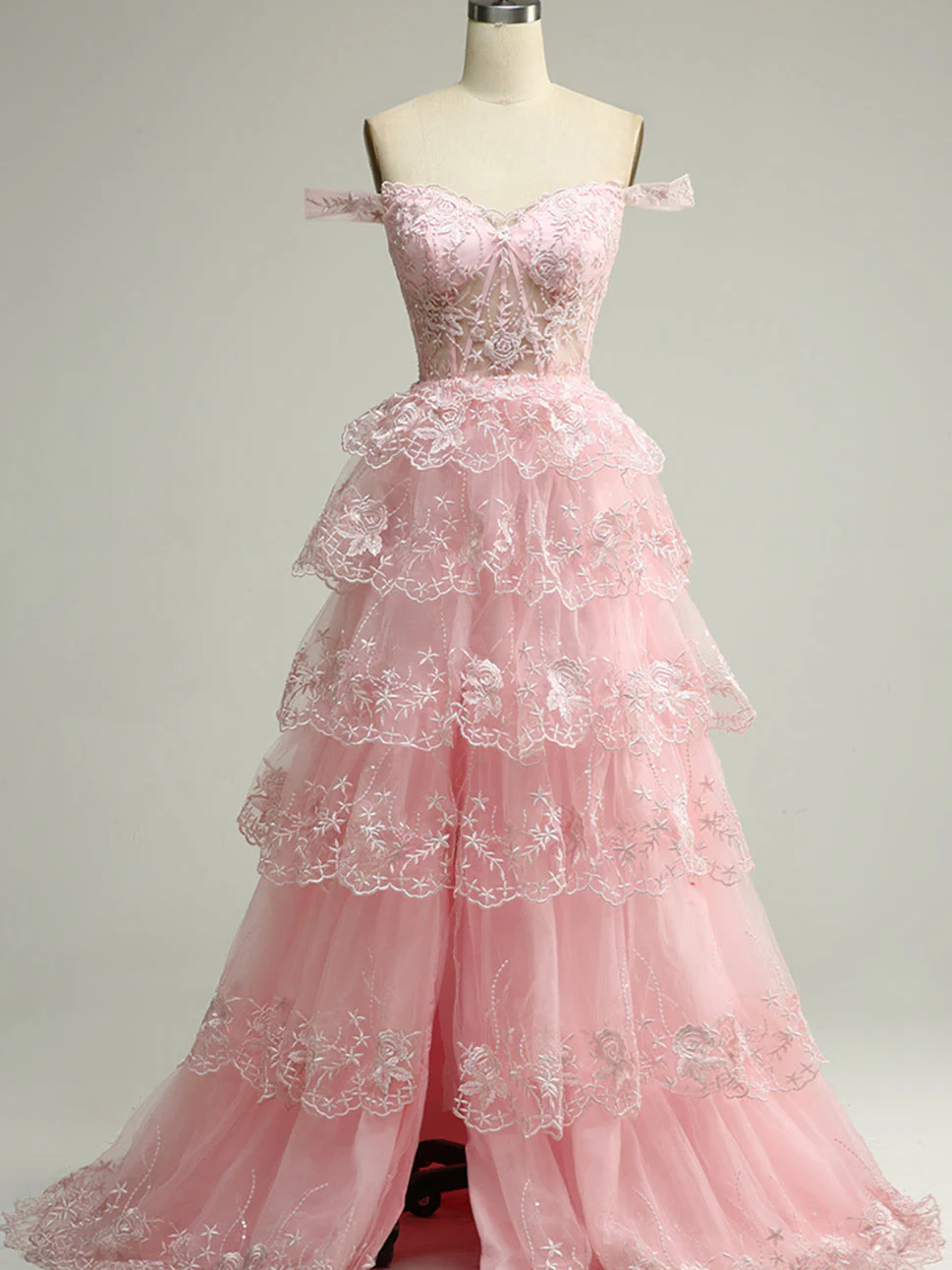 A-Line/Princess Sweetheart Off-the-Shoulder Floor-Length Evening Dress with Tiered Lace - Image 16