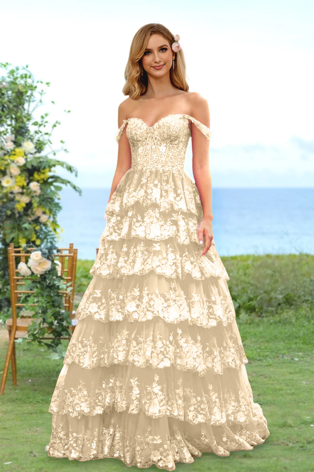 A-Line/Princess Sweetheart Off-the-Shoulder Long Prom Evening Party Floral Dresses with Sequins & Ruffles - Image 10