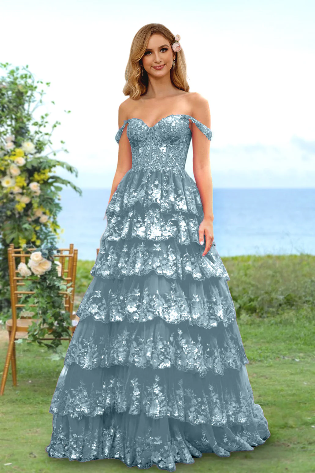 A-Line/Princess Sweetheart Off-the-Shoulder Long Prom Evening Party Floral Dresses with Sequins & Ruffles - Image 14