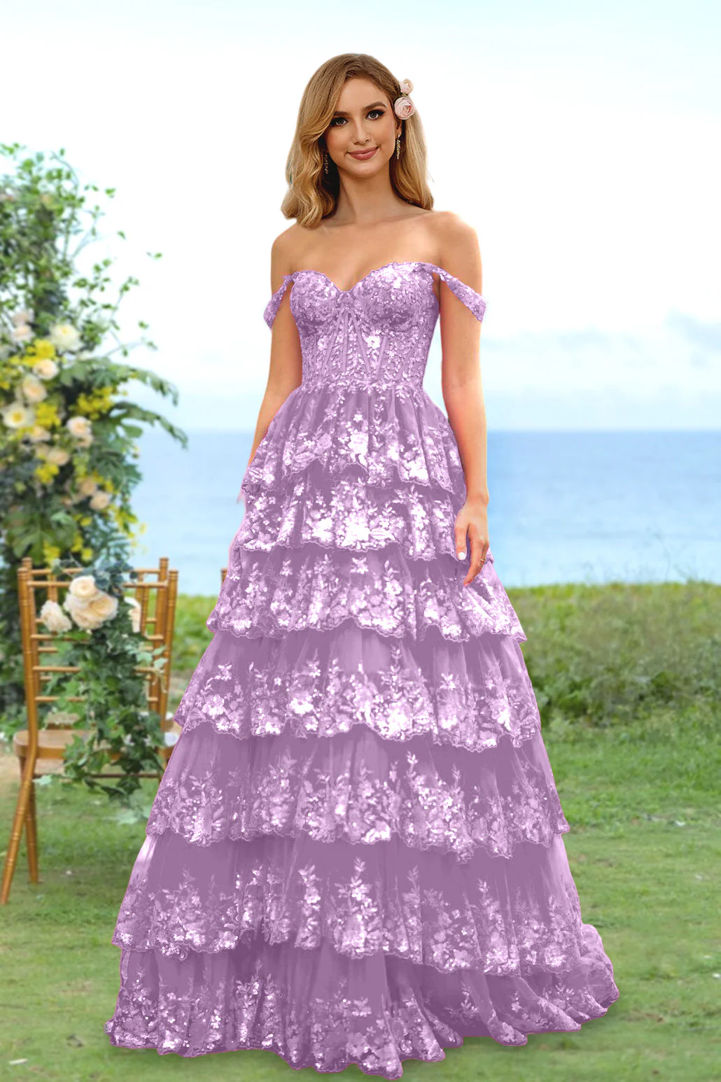 A-Line/Princess Sweetheart Off-the-Shoulder Long Prom Evening Party Floral Dresses with Sequins & Ruffles - Image 16