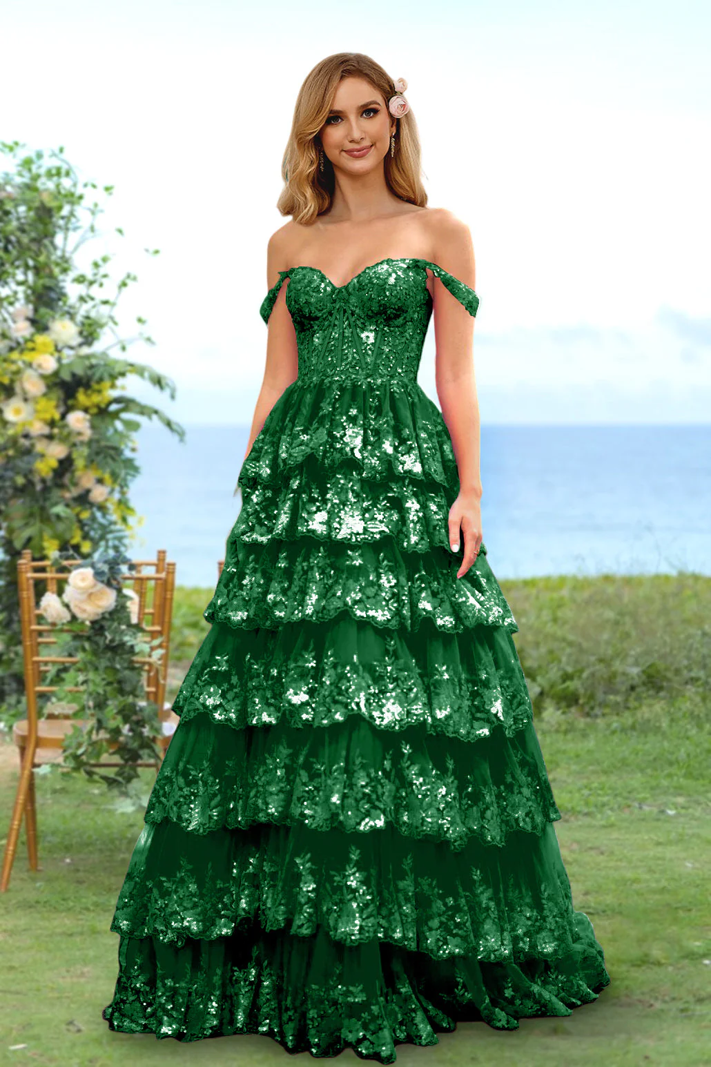 A-Line/Princess Sweetheart Off-the-Shoulder Long Prom Evening Party Floral Dresses with Sequins & Ruffles - Image 19