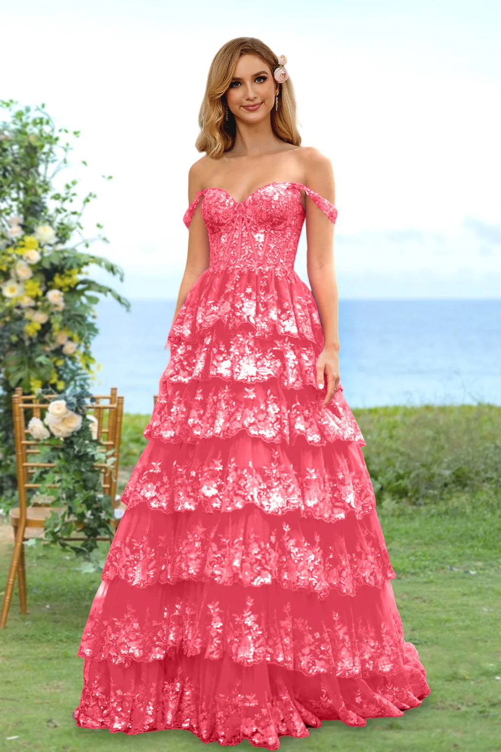 A-Line/Princess Sweetheart Off-the-Shoulder Long Prom Evening Party Floral Dresses with Sequins & Ruffles - Image 21