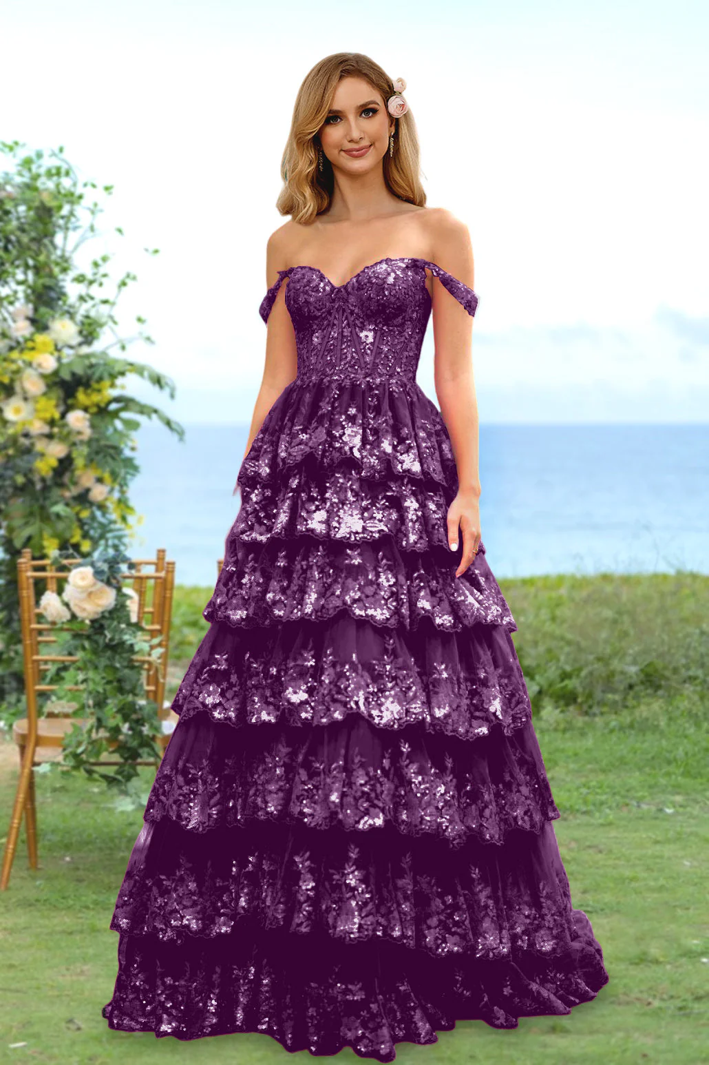 A-Line/Princess Sweetheart Off-the-Shoulder Long Prom Evening Party Floral Dresses with Sequins & Ruffles - Image 24