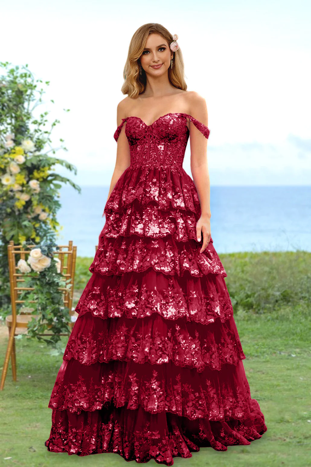 A-Line/Princess Sweetheart Off-the-Shoulder Long Prom Evening Party Floral Dresses with Sequins & Ruffles - Image 31