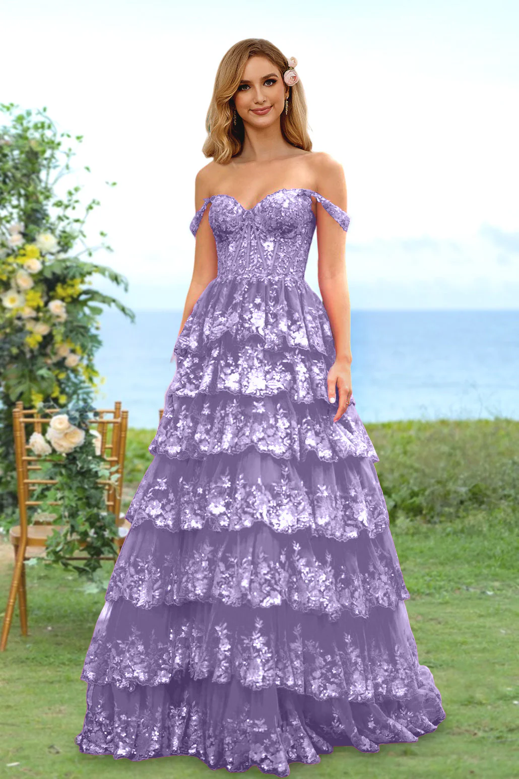 A-Line/Princess Sweetheart Off-the-Shoulder Long Prom Evening Party Floral Dresses with Sequins & Ruffles - Image 34