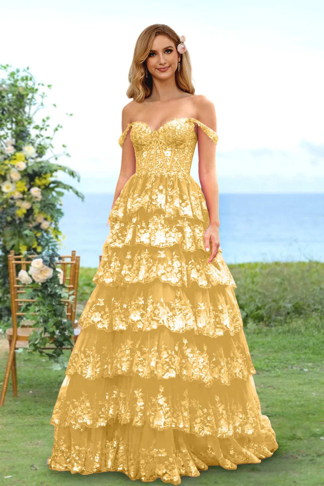 A-Line/Princess Sweetheart Off-the-Shoulder Long Prom Evening Party Floral Dresses with Sequins & Ruffles - Image 42