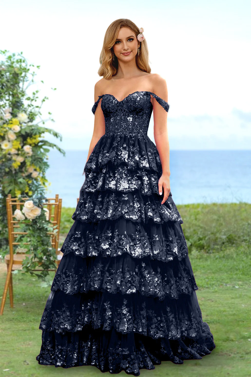 A-Line/Princess Sweetheart Off-the-Shoulder Long Prom Evening Party Floral Dresses with Sequins & Ruffles - Image 43