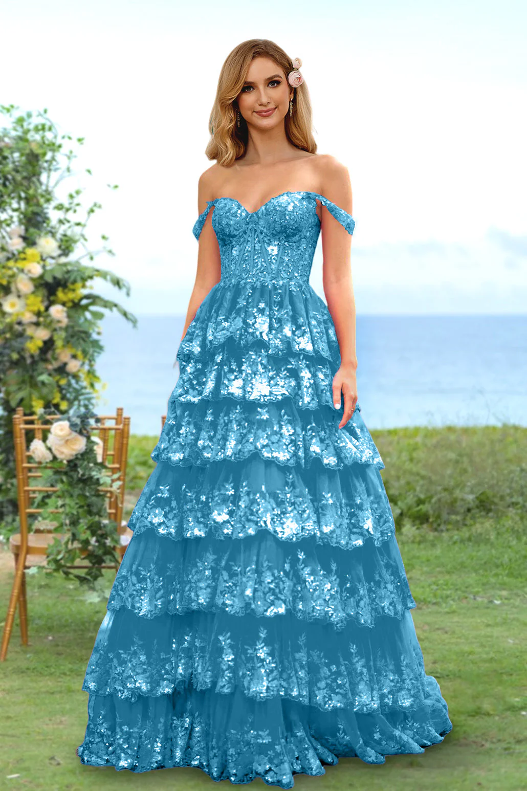 A-Line/Princess Sweetheart Off-the-Shoulder Long Prom Evening Party Floral Dresses with Sequins & Ruffles - Image 44