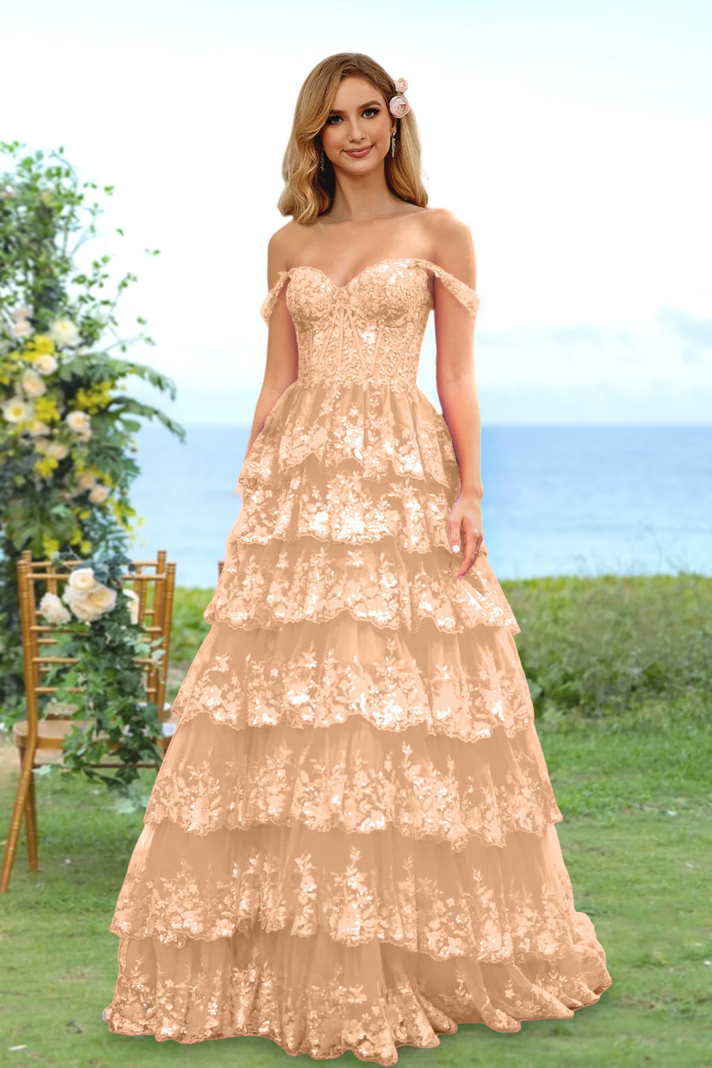 A-Line/Princess Sweetheart Off-the-Shoulder Long Prom Evening Party Floral Dresses with Sequins & Ruffles - Image 49
