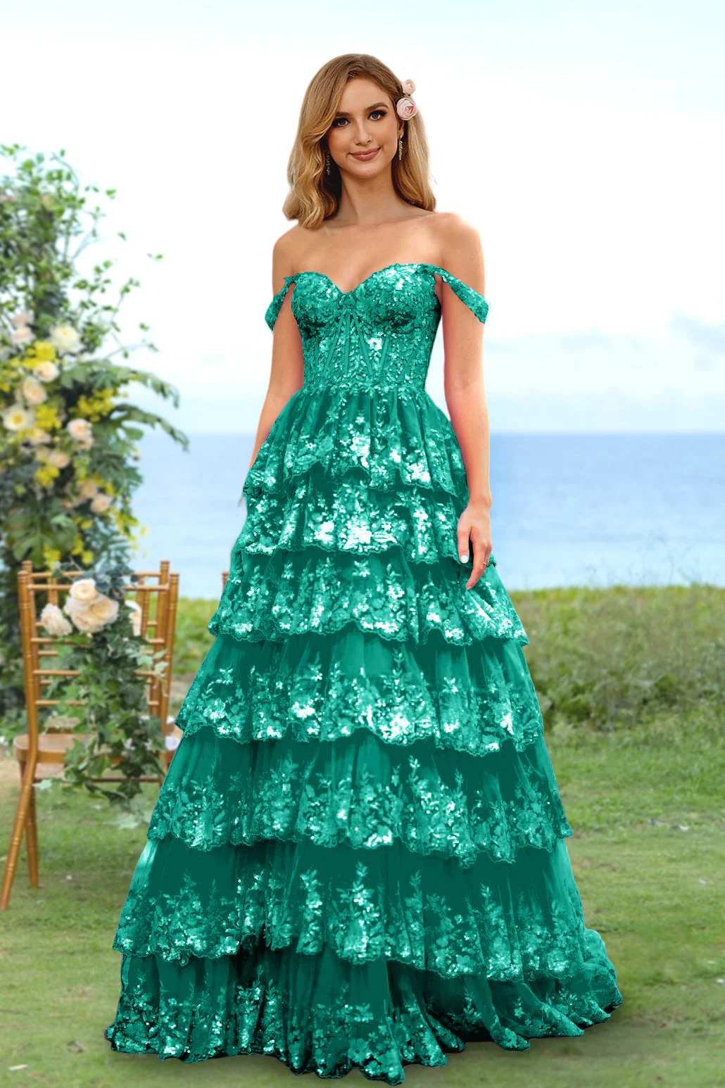 A-Line/Princess Sweetheart Off-the-Shoulder Long Prom Evening Party Floral Dresses with Sequins & Ruffles - Image 50