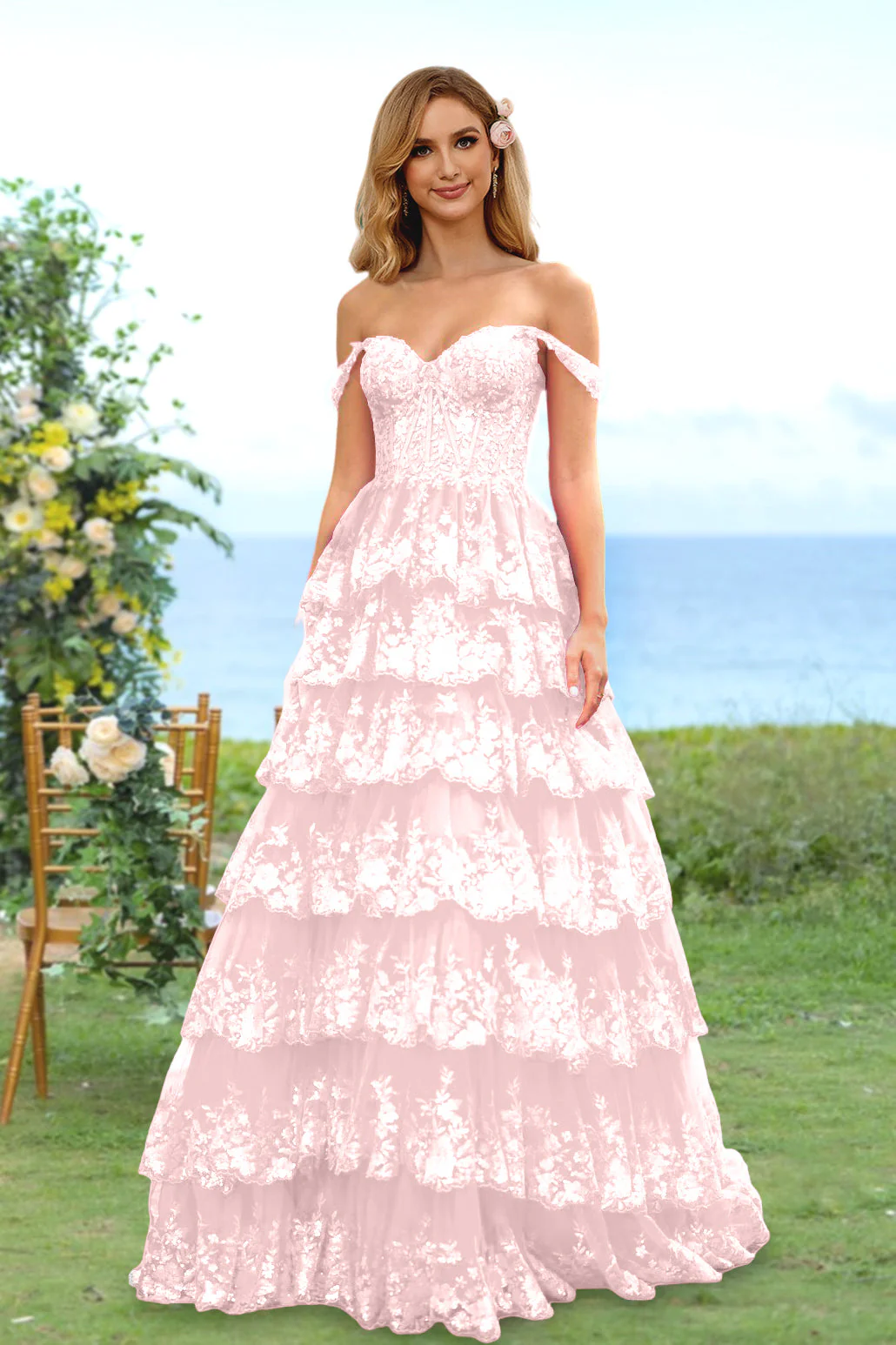 A-Line/Princess Sweetheart Off-the-Shoulder Long Prom Evening Party Floral Dresses with Sequins & Ruffles - Image 52
