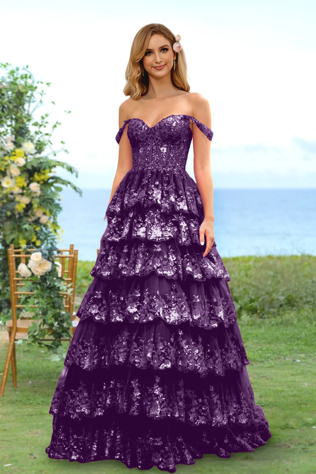 A-Line/Princess Sweetheart Off-the-Shoulder Long Prom Evening Party Floral Dresses with Sequins & Ruffles - Image 53