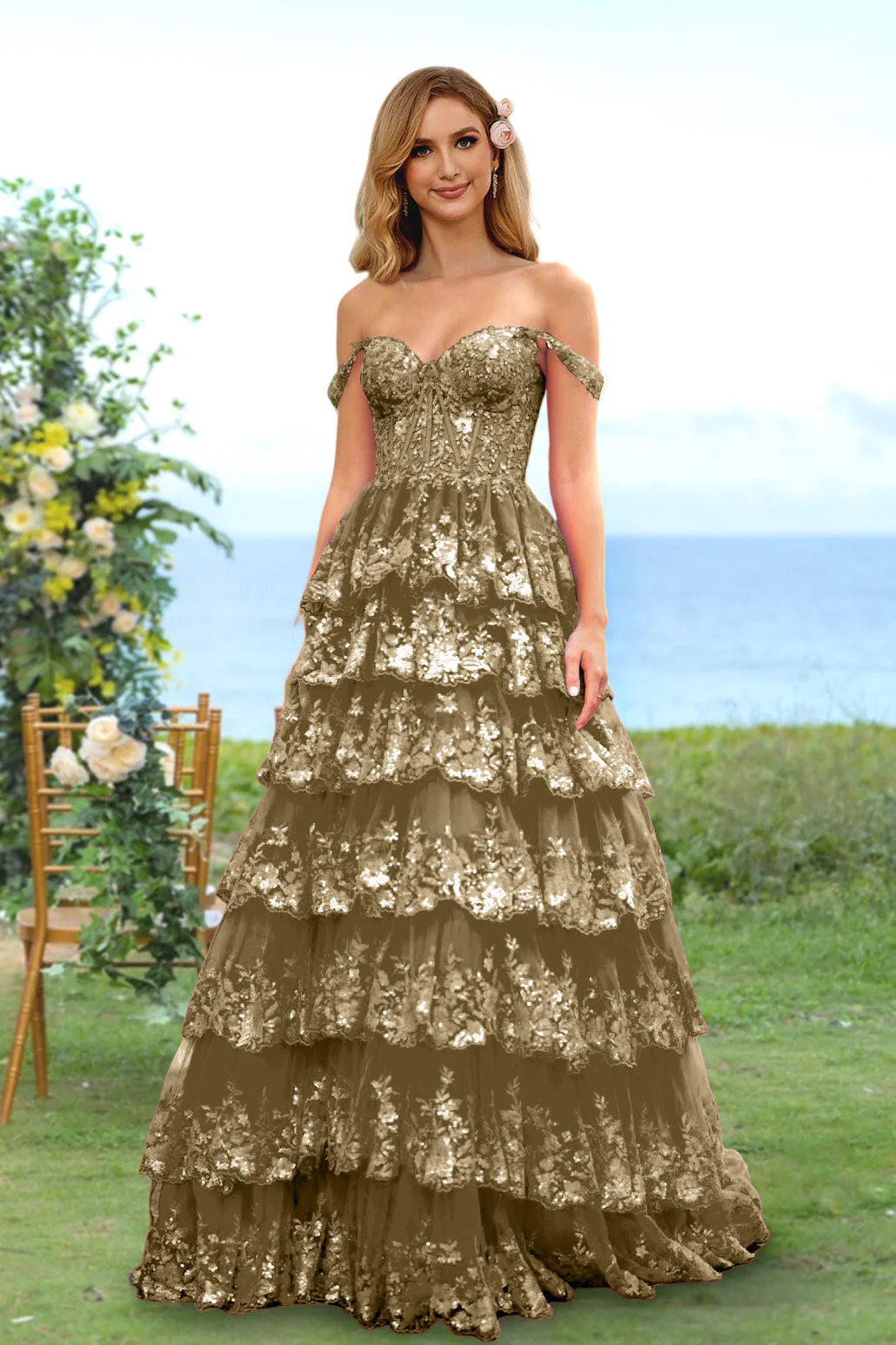 A-Line/Princess Sweetheart Off-the-Shoulder Long Prom Evening Party Floral Dresses with Sequins & Ruffles - Image 66