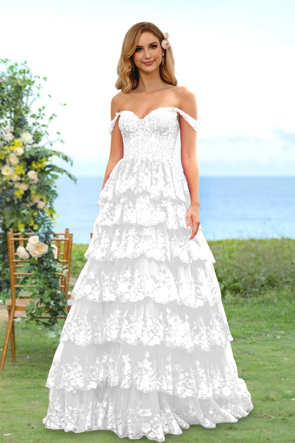 A-Line/Princess Sweetheart Off-the-Shoulder Long Prom Evening Party Floral Dresses with Sequins & Ruffles - Image 69