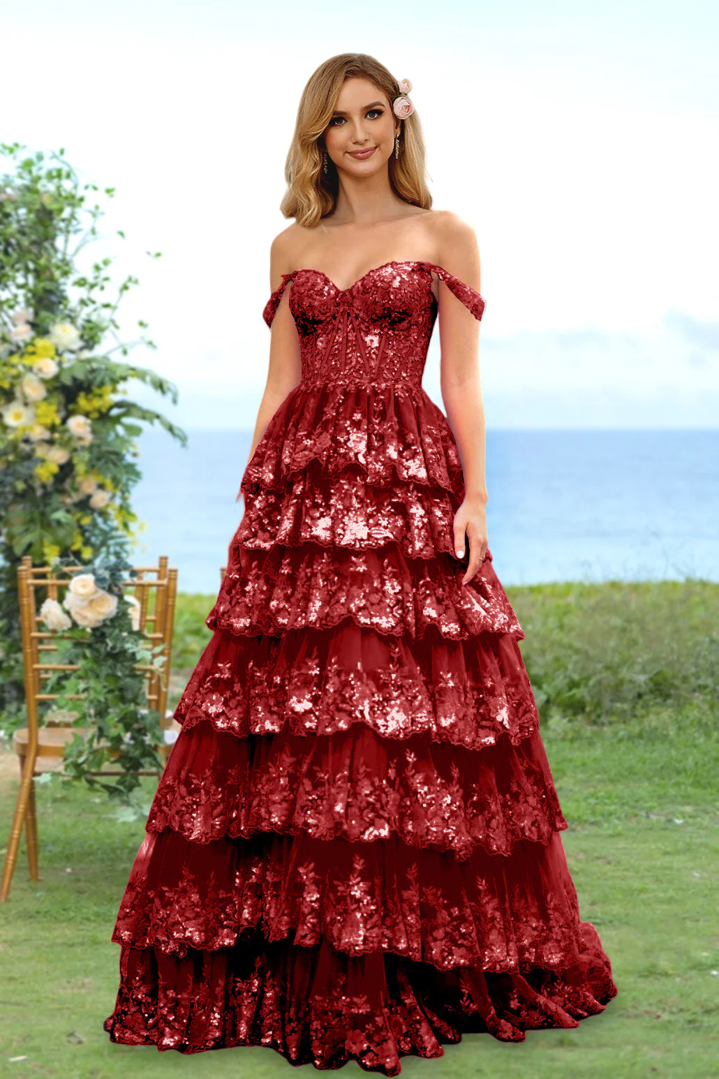 A-Line/Princess Sweetheart Off-the-Shoulder Long Prom Evening Party Floral Dresses with Sequins & Ruffles - Image 70