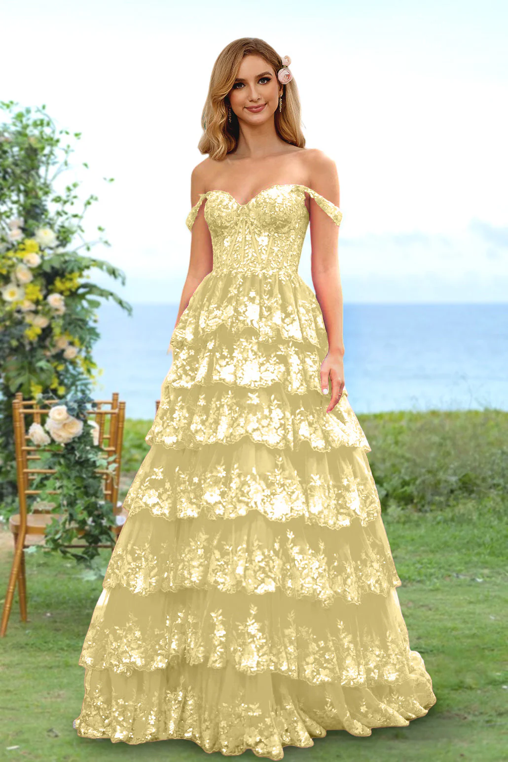 A-Line/Princess Sweetheart Off-the-Shoulder Long Prom Evening Party Floral Dresses with Sequins & Ruffles - Image 72
