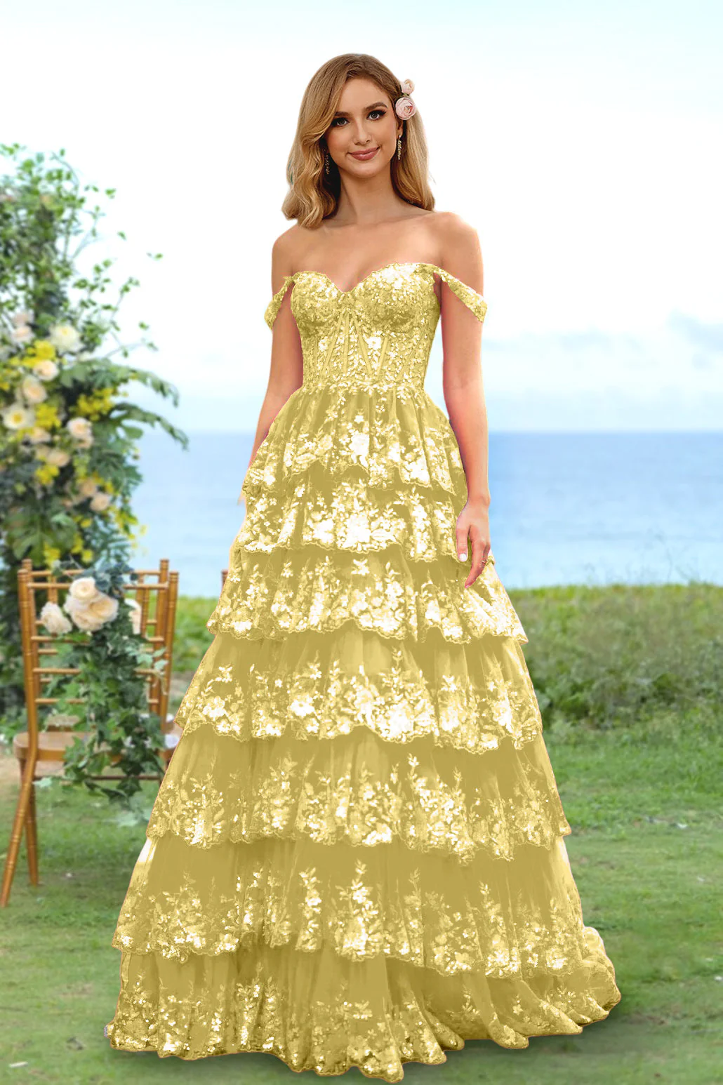A-Line/Princess Sweetheart Off-the-Shoulder Long Prom Evening Party Floral Dresses with Sequins & Ruffles - Image 9