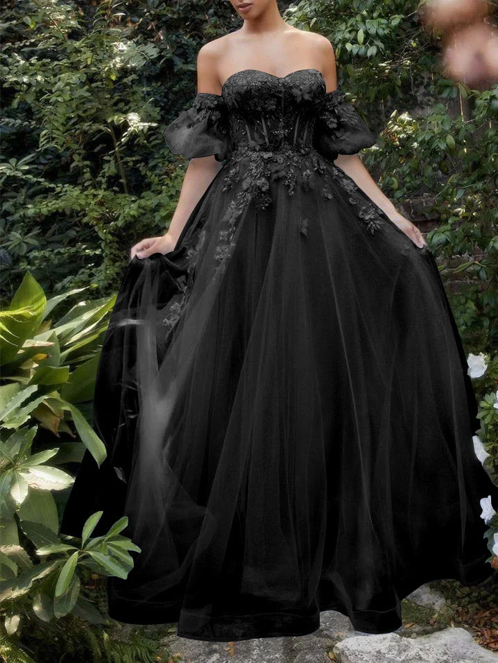 A-Line/Princess Sweetheart Short Sleeves Floor-length Long Prom Dresses With Flowers - Image 6