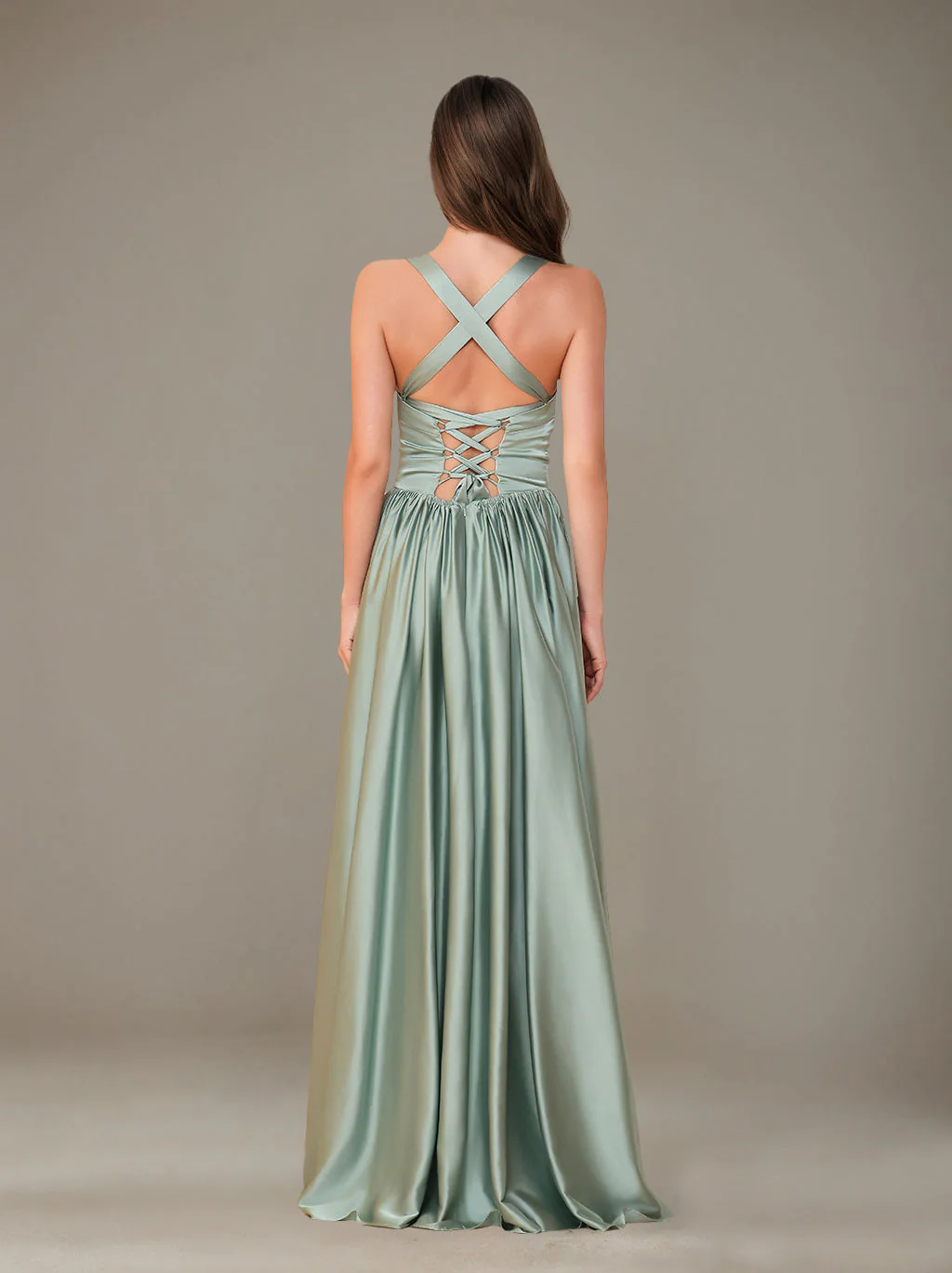 A-Line/Princess Sweetheart Sleeveless Floor-Length Silk Satin Bridesmaid Dresses with Pleated & Split Side - Image 2