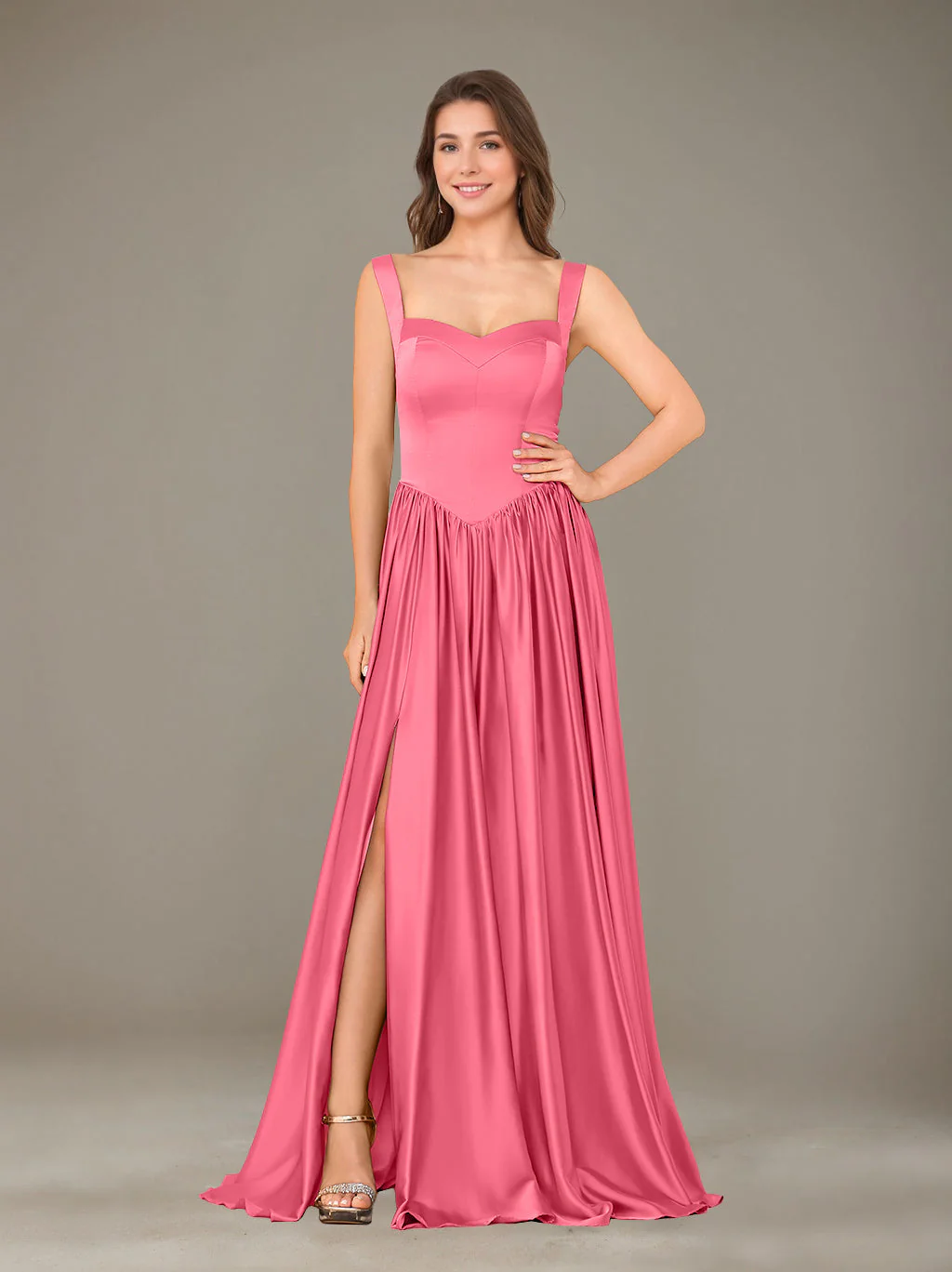 A-Line/Princess Sweetheart Sleeveless Floor-Length Silk Satin Bridesmaid Dresses with Pleated & Split Side - Image 28