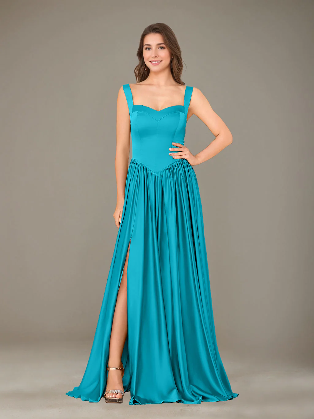 A-Line/Princess Sweetheart Sleeveless Floor-Length Silk Satin Bridesmaid Dresses with Pleated & Split Side - Image 30