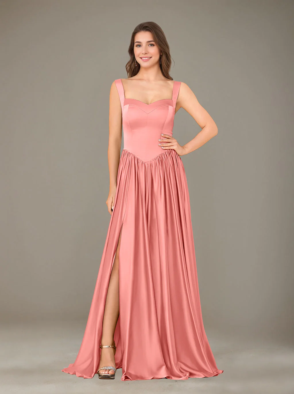A-Line/Princess Sweetheart Sleeveless Floor-Length Silk Satin Bridesmaid Dresses with Pleated & Split Side - Image 45