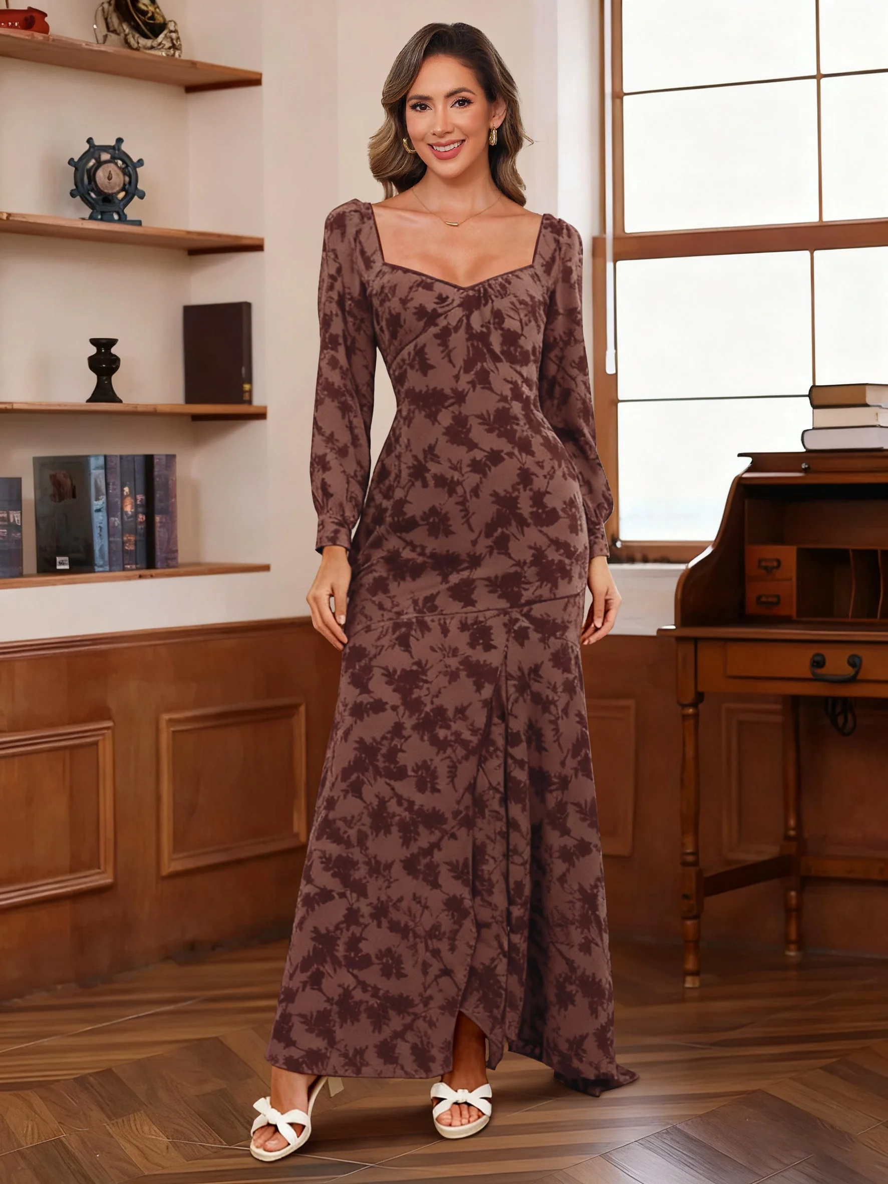 A-Line/Princess Square Collar Wedding Guest Dresses Long Sleeves Floor-Length with Pleated - Image 3