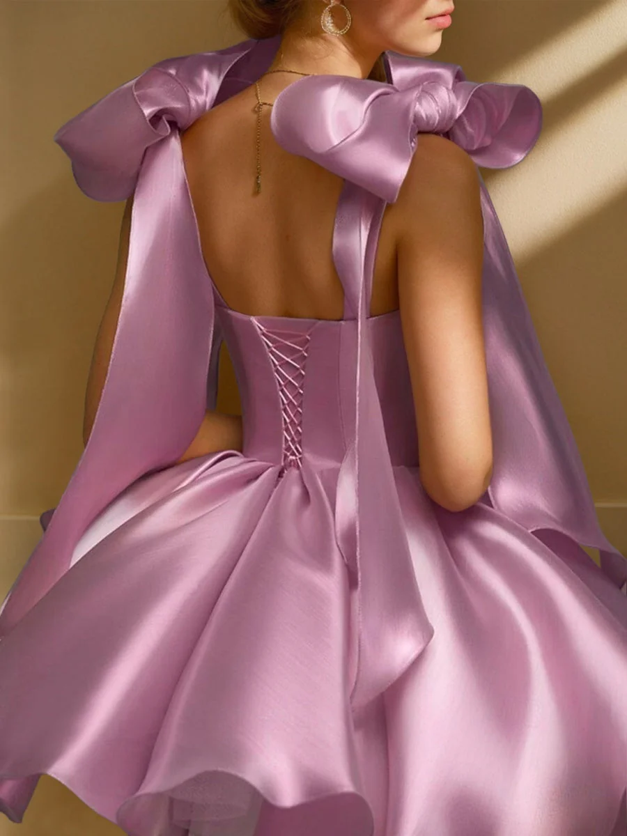 A-Line/Princess Sweetheart Sleeveless Short/Mini Evening Dresses with Bows & Pleats & Lace-Up - Image 2