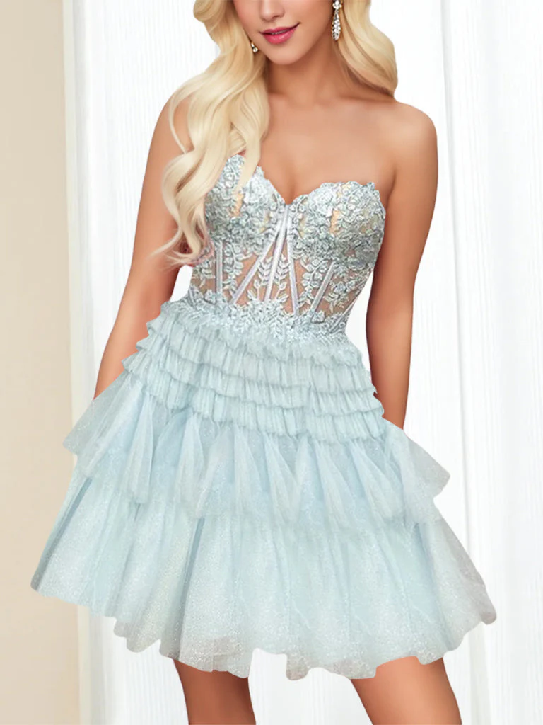 A-Line/Princess Sweetheart Sleeveless Short/Mini Party Dance Cocktail Homecoming Dress With Lace Appliques & Sequins, Ruffles - Image 4