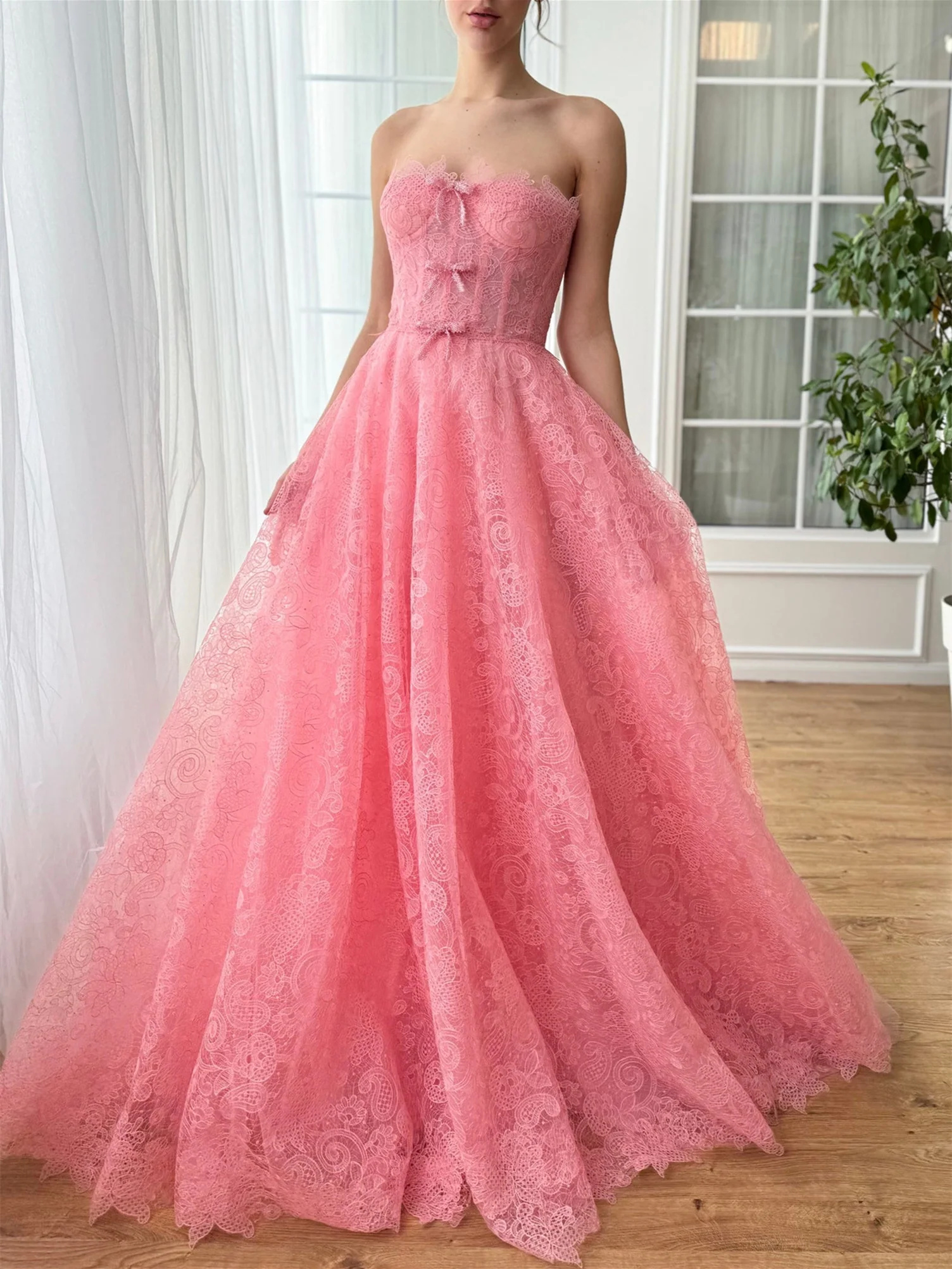 A-Line/Princess Sweetheart Strapless Floor-Length Prom Dress with Bows - Image 2