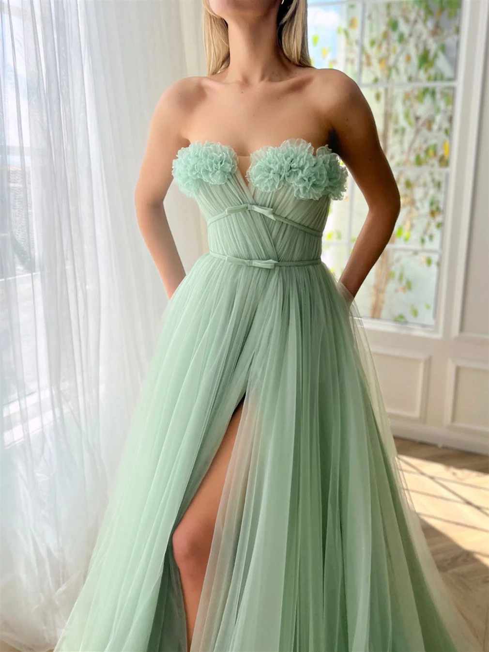 A-Line/Princess Sweetheart Strapless Floor-Length Prom Dress with Slit - Image 2