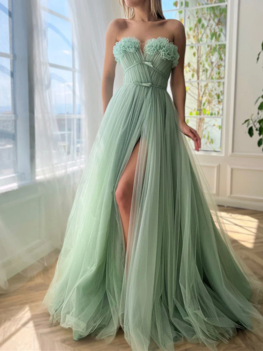 A-Line/Princess Sweetheart Strapless Floor-Length Prom Dress with Slit - Image 3