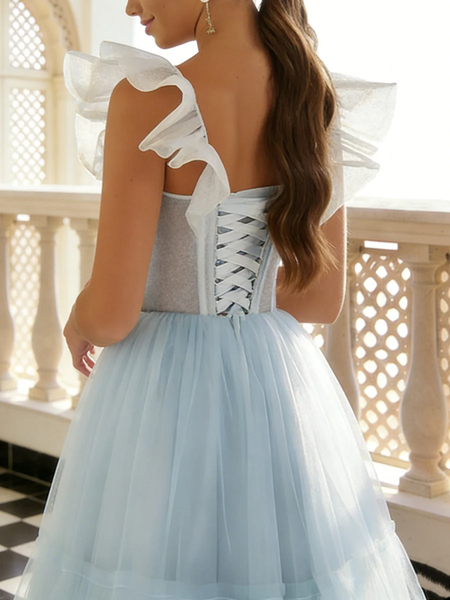 A-Line/Princess Sweetheart Tulle Prom Dresses Ruffle Sleeves Ankle-Length Formal Dresses - Image 2