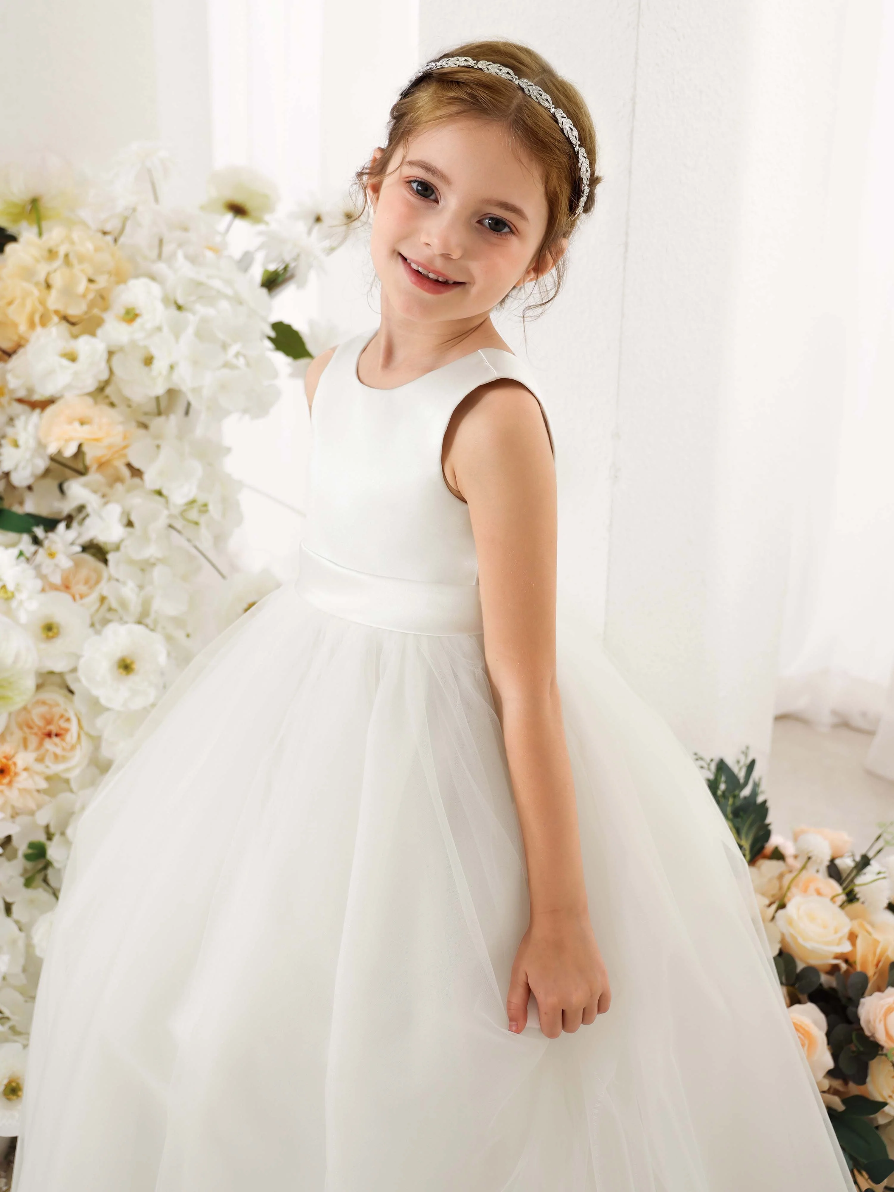 Ball-Gown Tulle Satin Sleeveless Scoop Neck Floor-Length Flower Girl Dresses - Image 6