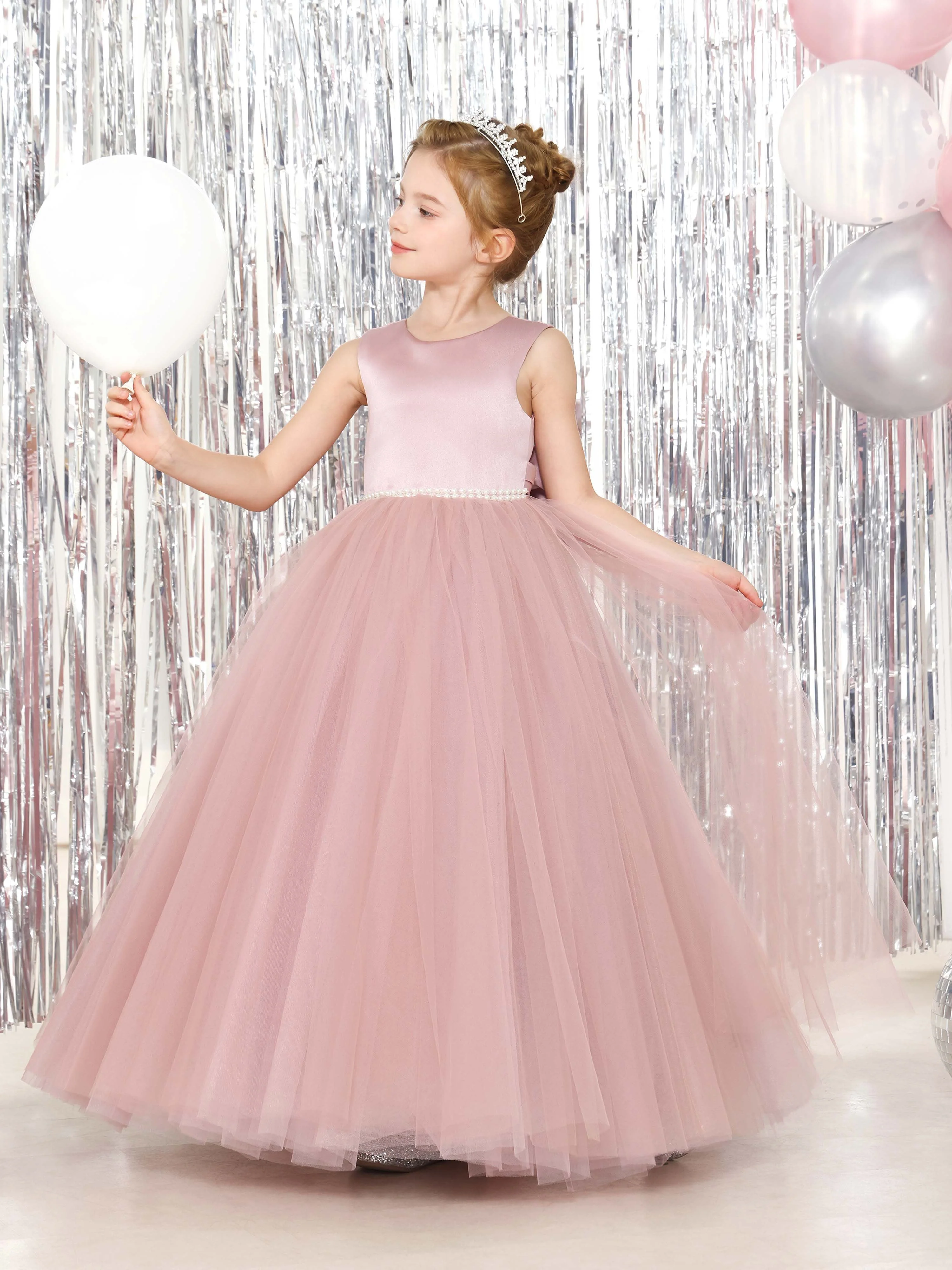 Ball-Gown Tulle Satin Sleeveless Scoop Neck Floor-Length Flower Girl Dresses - Image 10