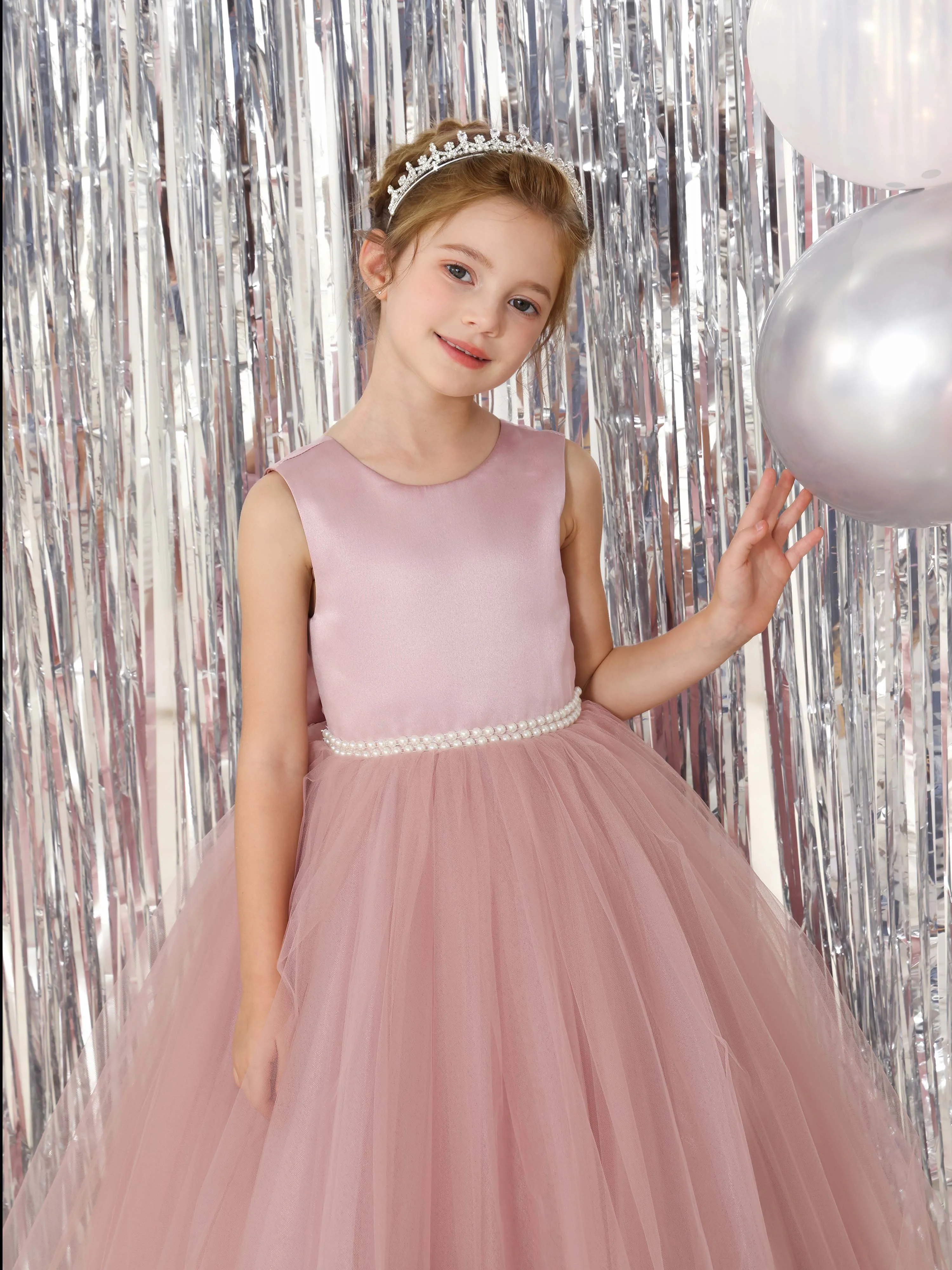 Ball-Gown Tulle Satin Sleeveless Scoop Neck Floor-Length Flower Girl Dresses - Image 8