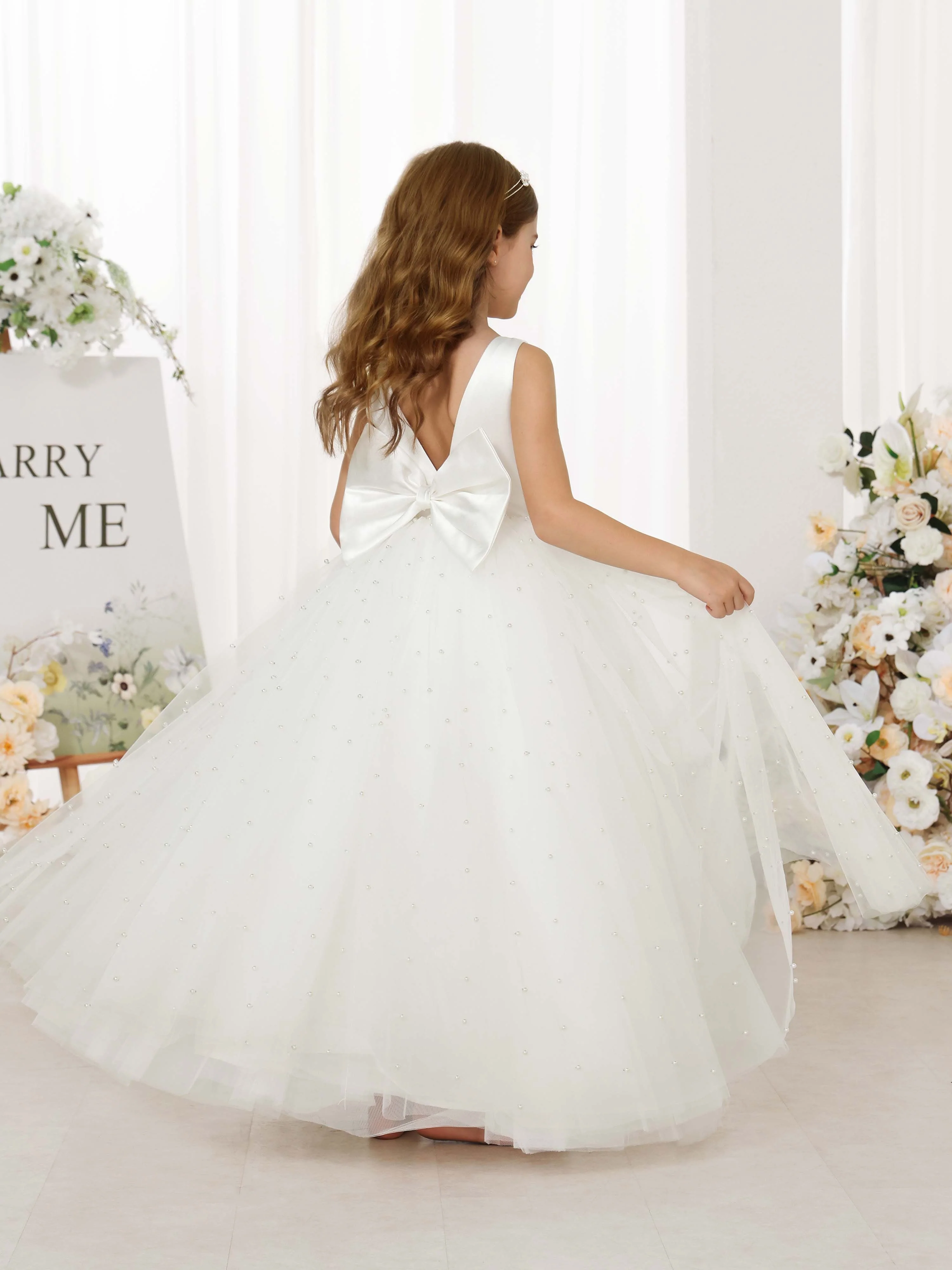 Ball-Gown Tulle Satin Sleeveless V-Neck Floor-Length Flower Girl Dresses - Image 2