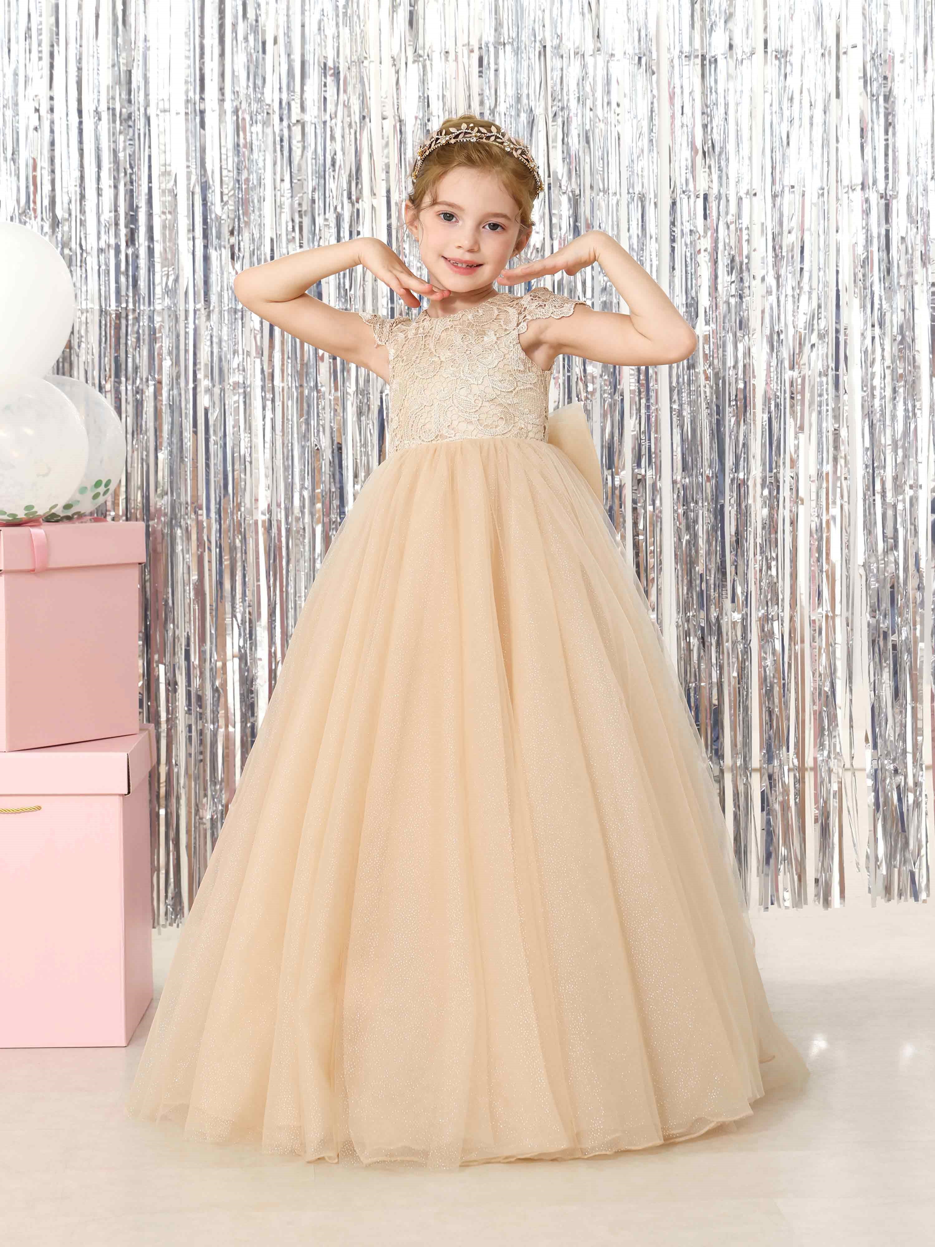 Ball-Gown Tulle Short Sleeves Scoop Neck Floor-Length Flower Girl Dresses - Image 6
