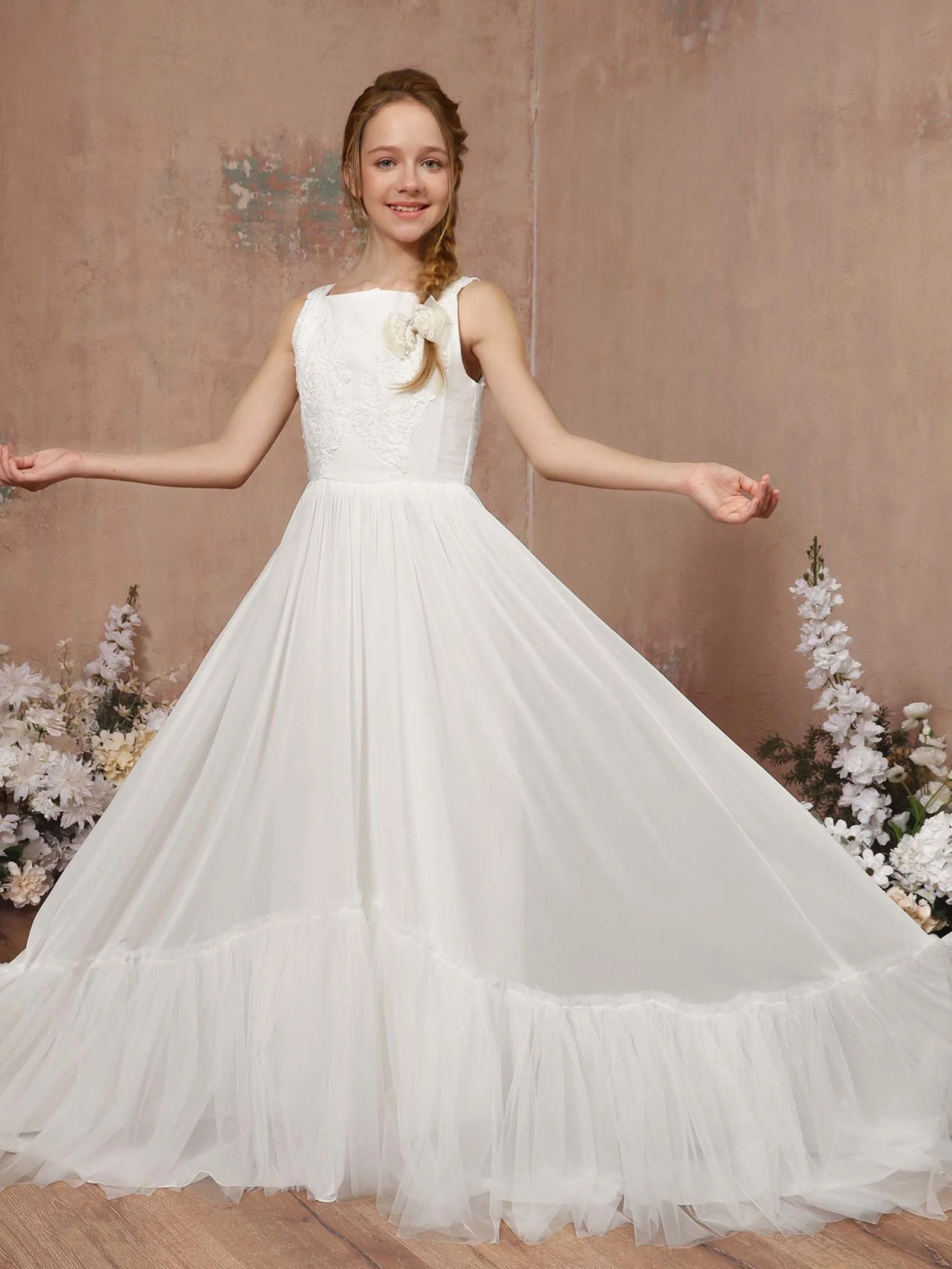 A-Line/Princess Tulle Sleeveless Square Neck Floor-Length Flower Girl Dresses - Image 2